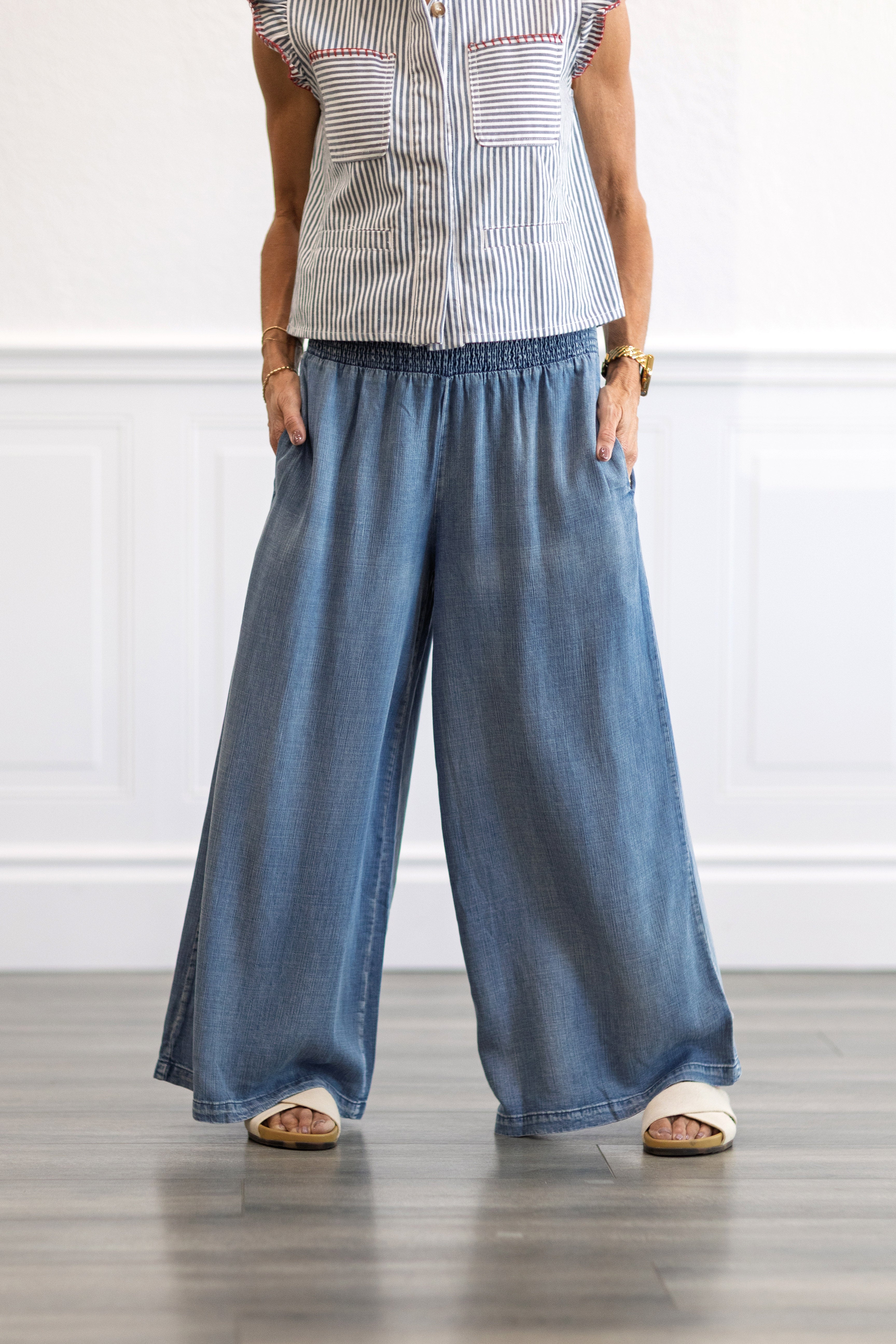 Smocked Waist Wide Leg Chambray Pants in Dark Denim