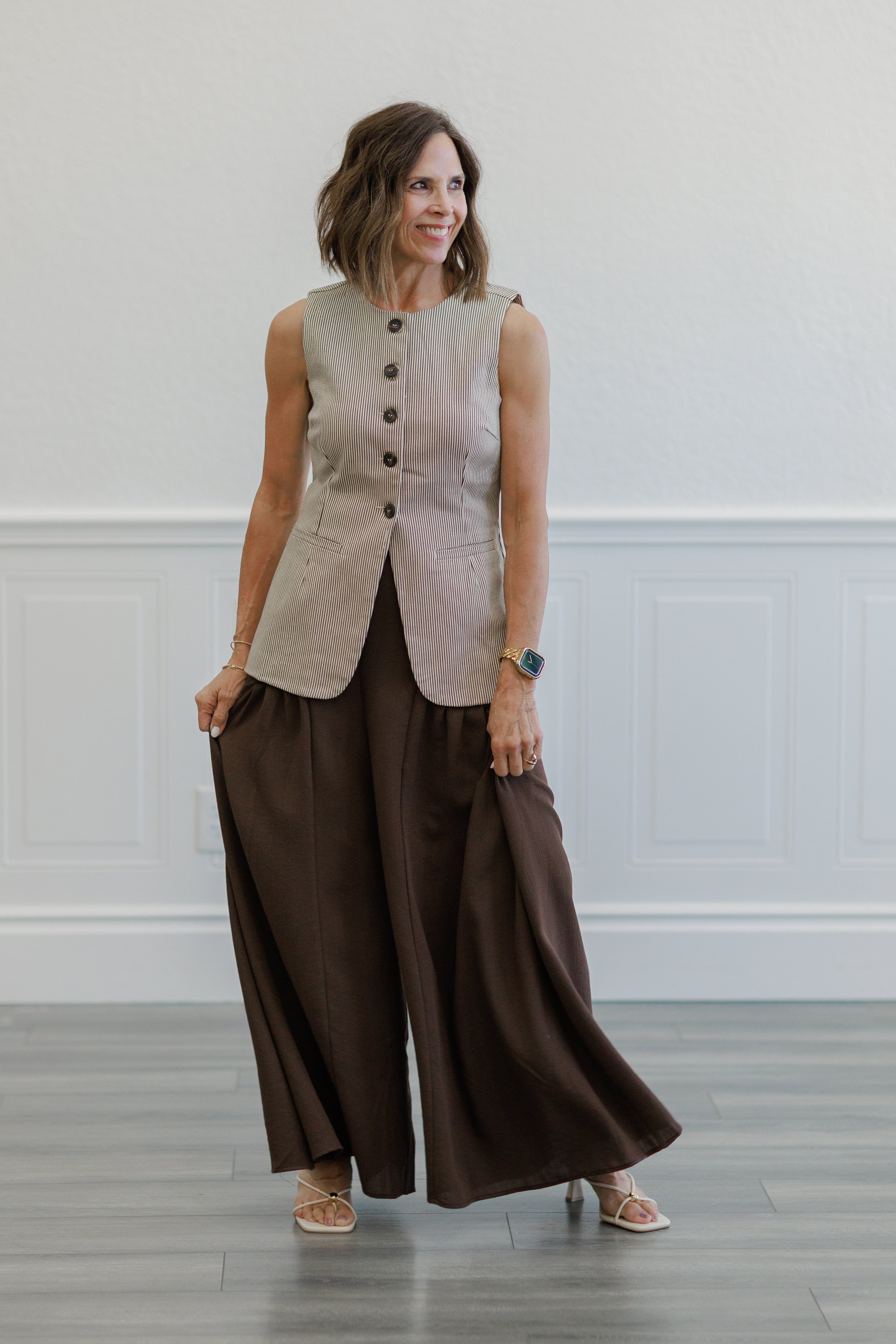 Brown Pinstripe Button Front Longline Vest