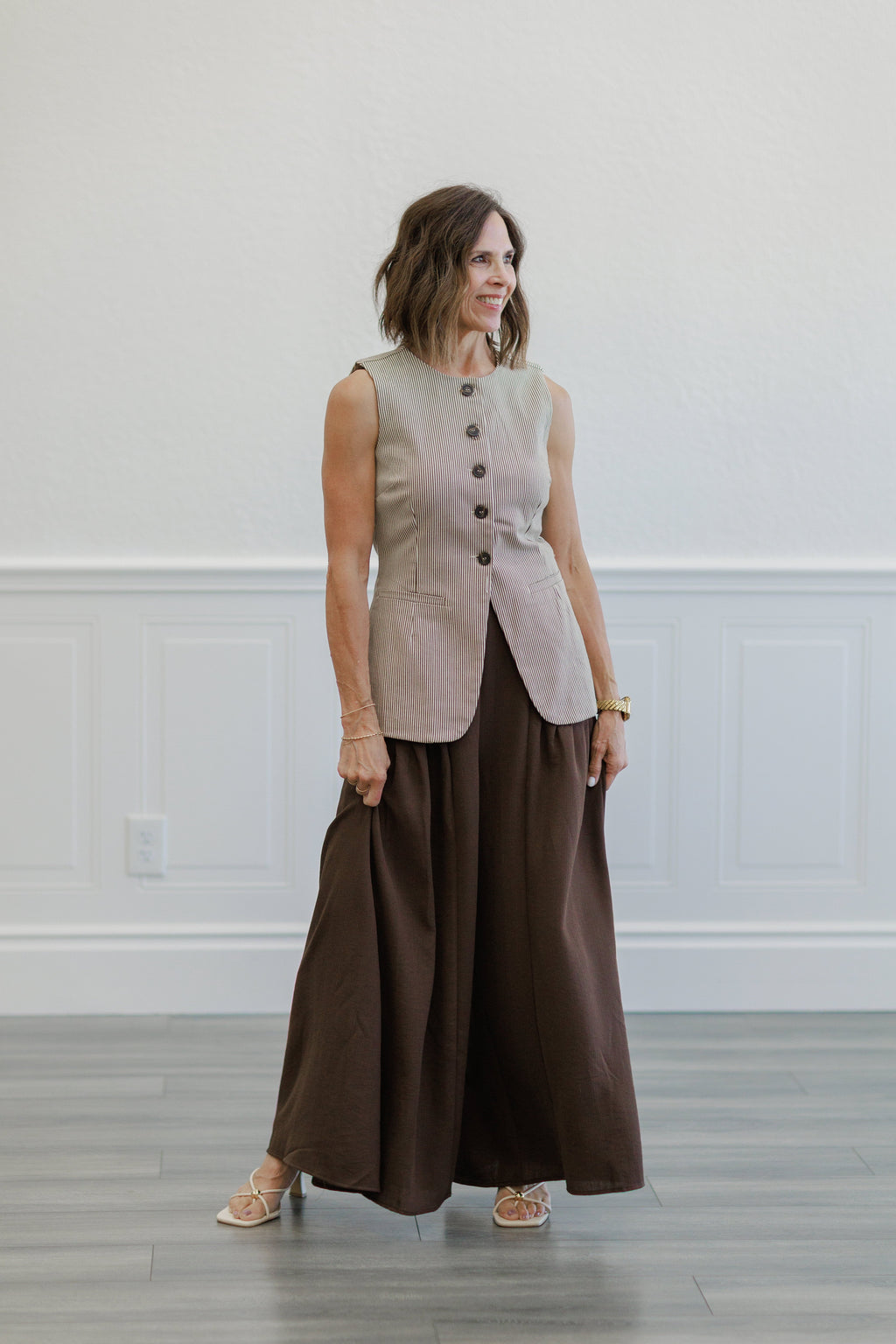 Brown Pinstripe Button Front Longline Vest