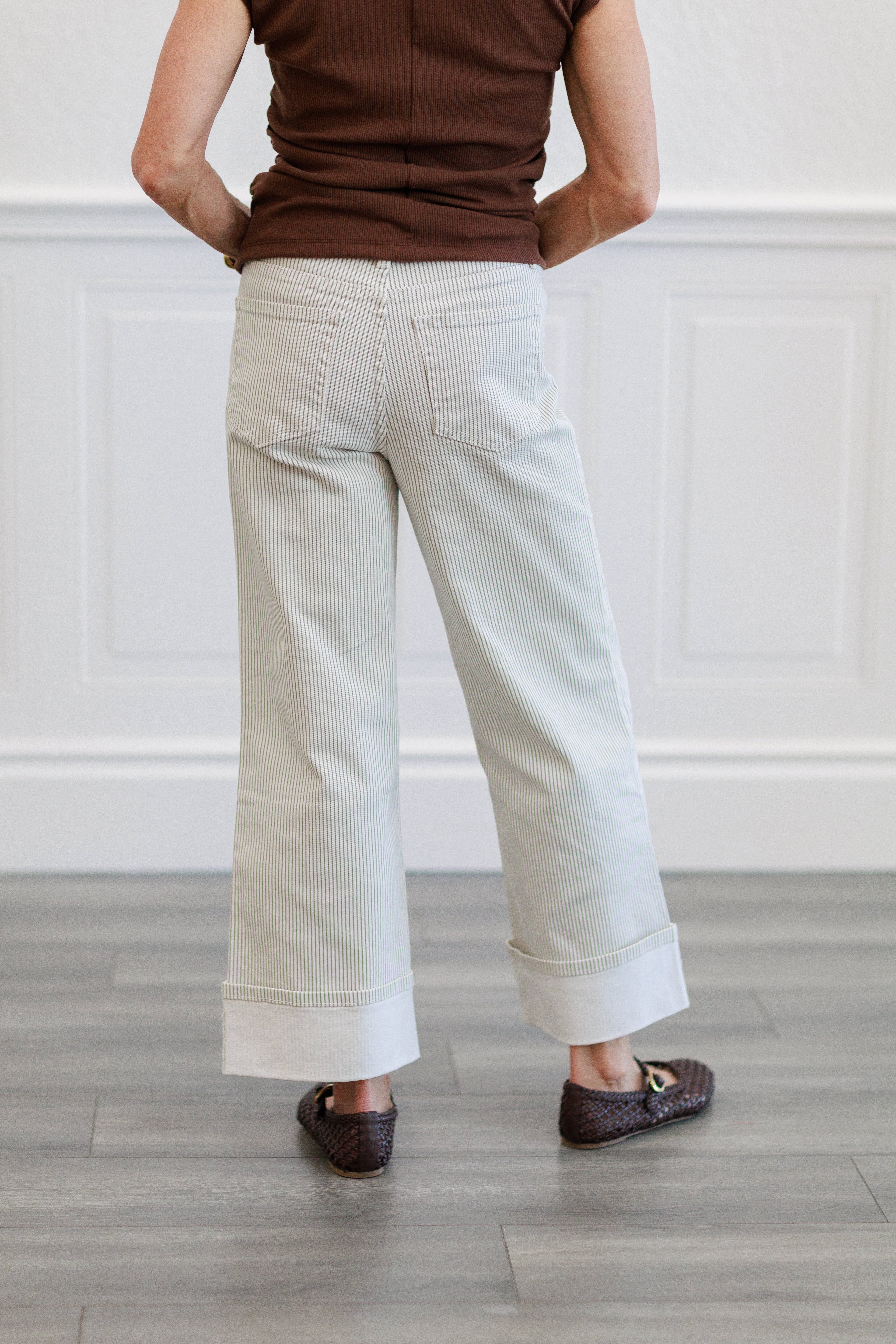 Pinstripe Wide Leg Cuffed Pants