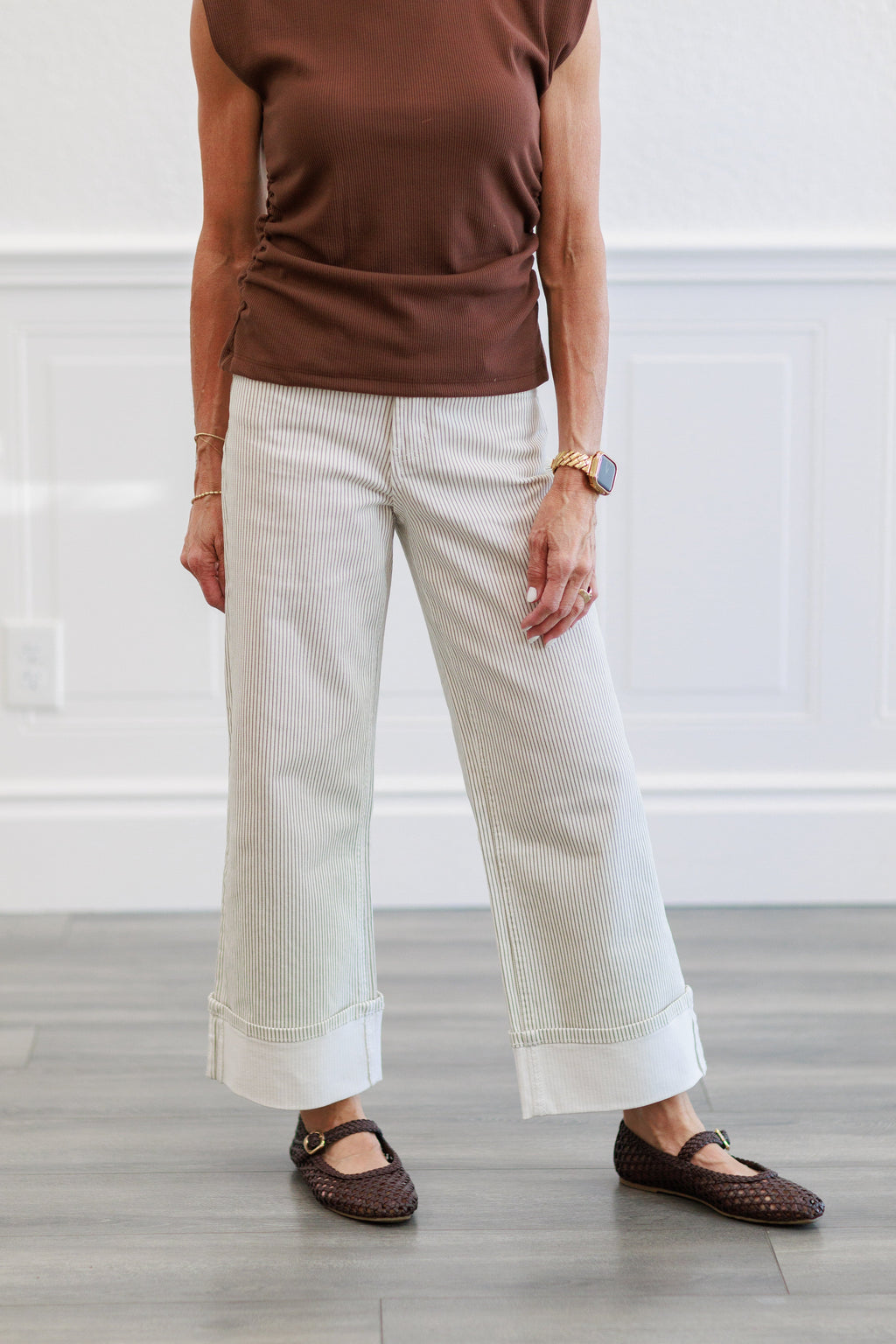 Pinstripe Wide Leg Cuffed Pants