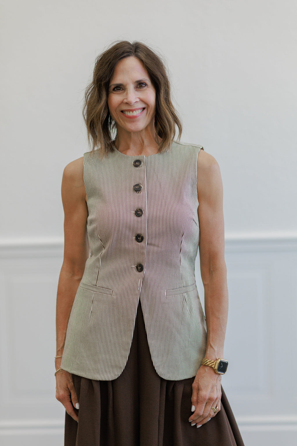 Brown Pinstripe Button Front Longline Vest