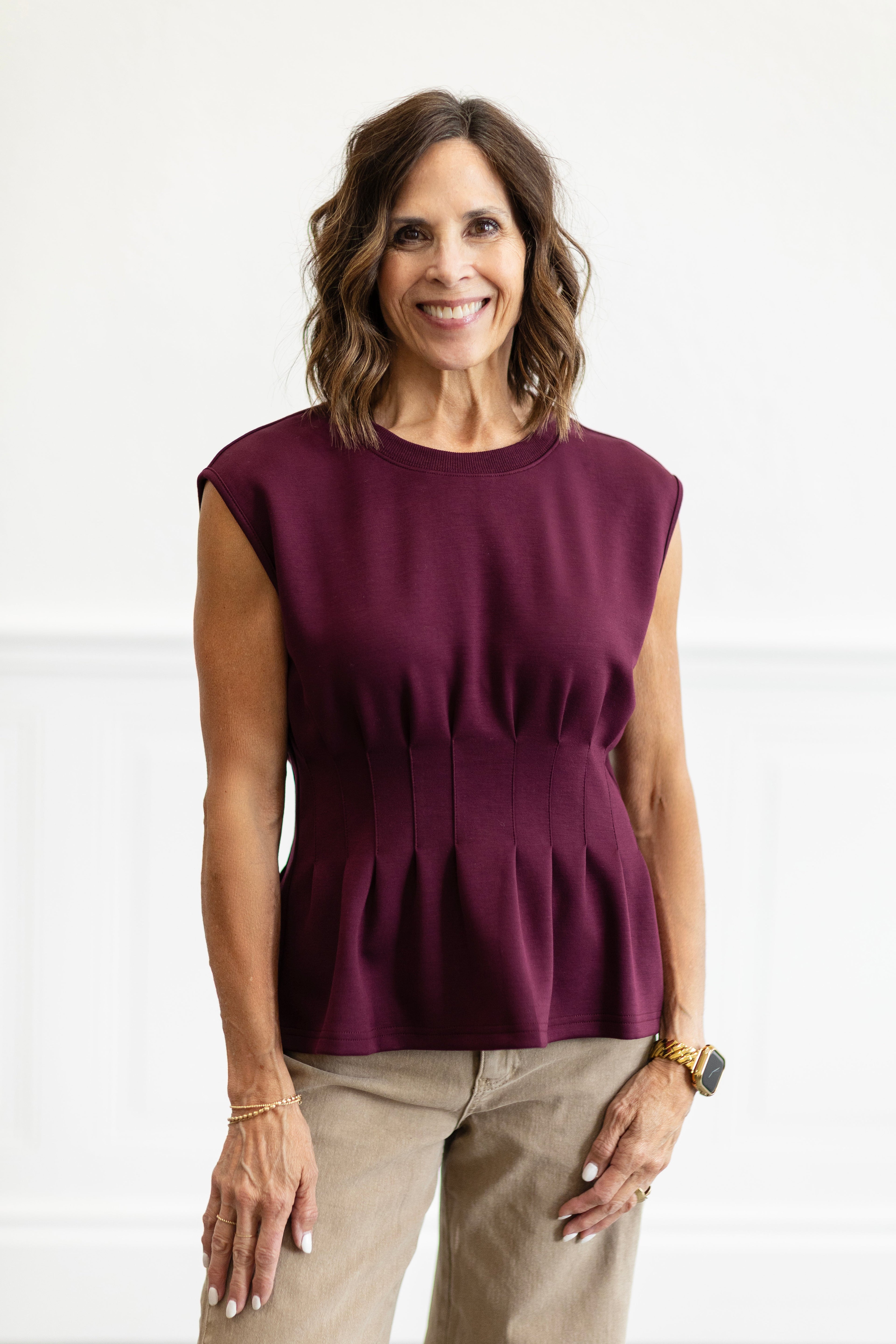 Corset Detail Cap Sleeve Top in Burgundy