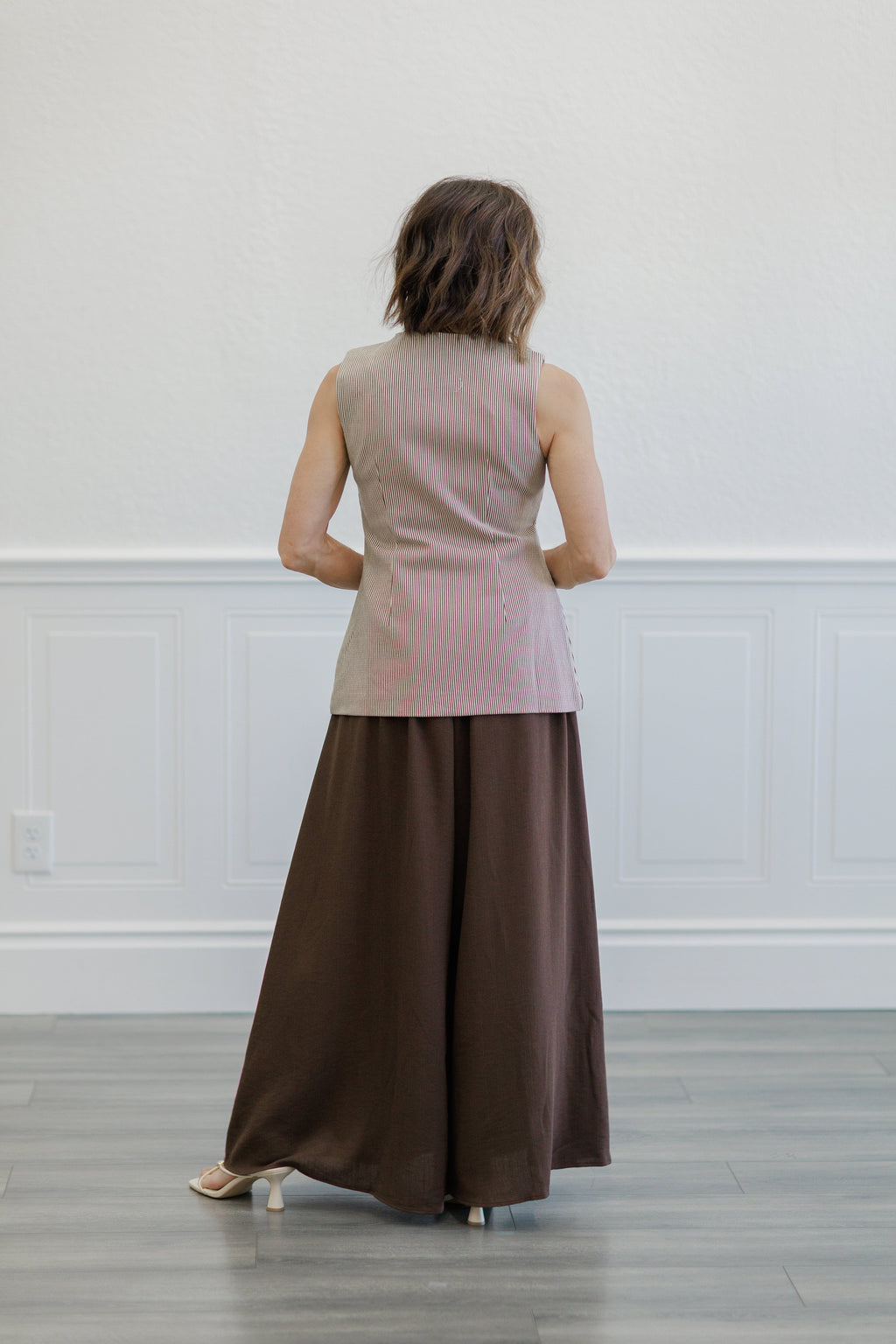 Brown Pinstripe Button Front Longline Vest