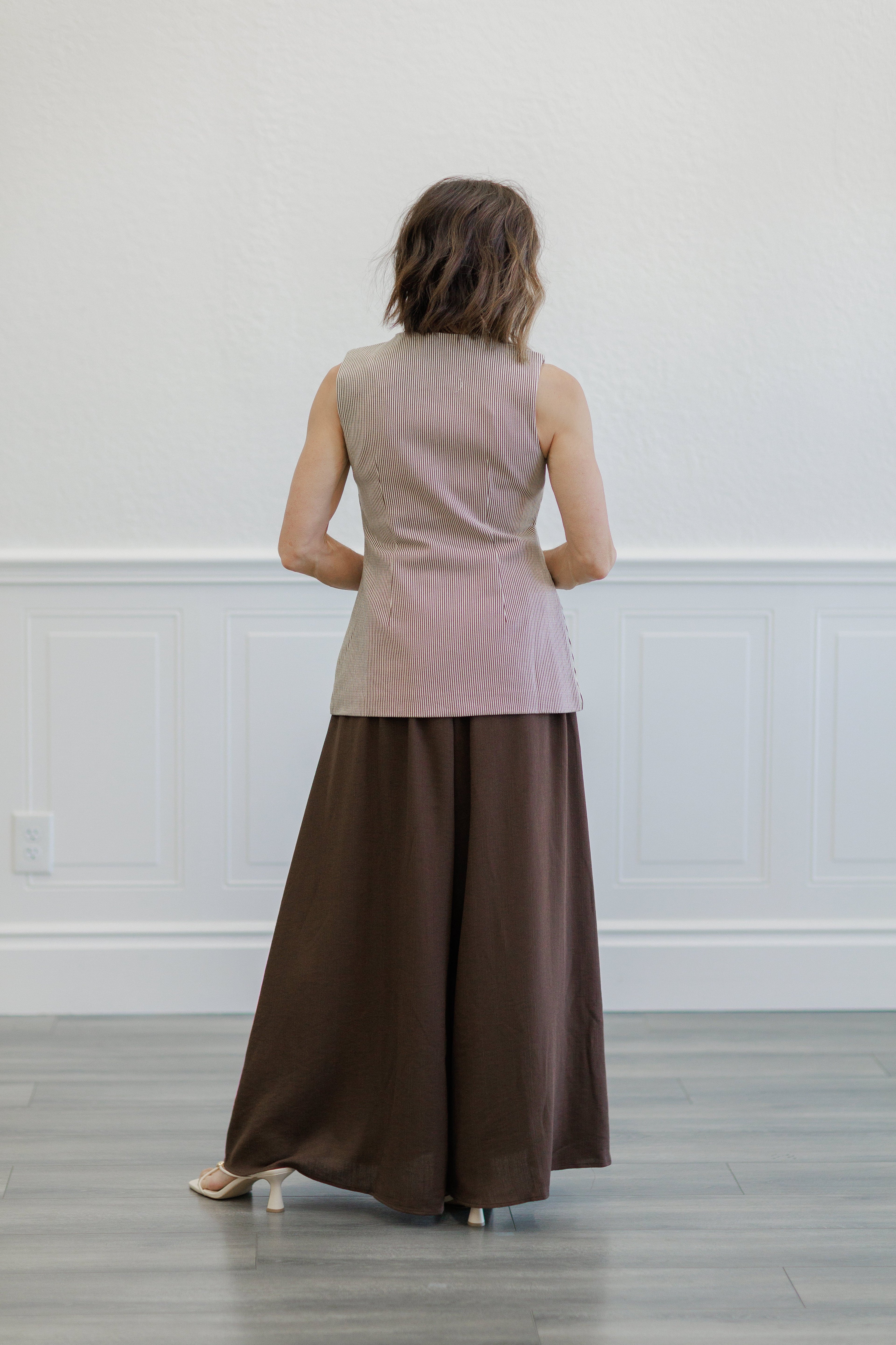 Brown Pinstripe Button Front Longline Vest