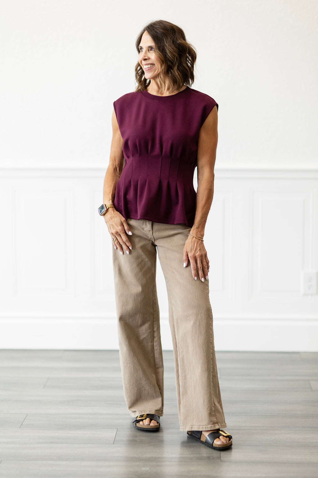 Corset Detail Cap Sleeve Top in Burgundy