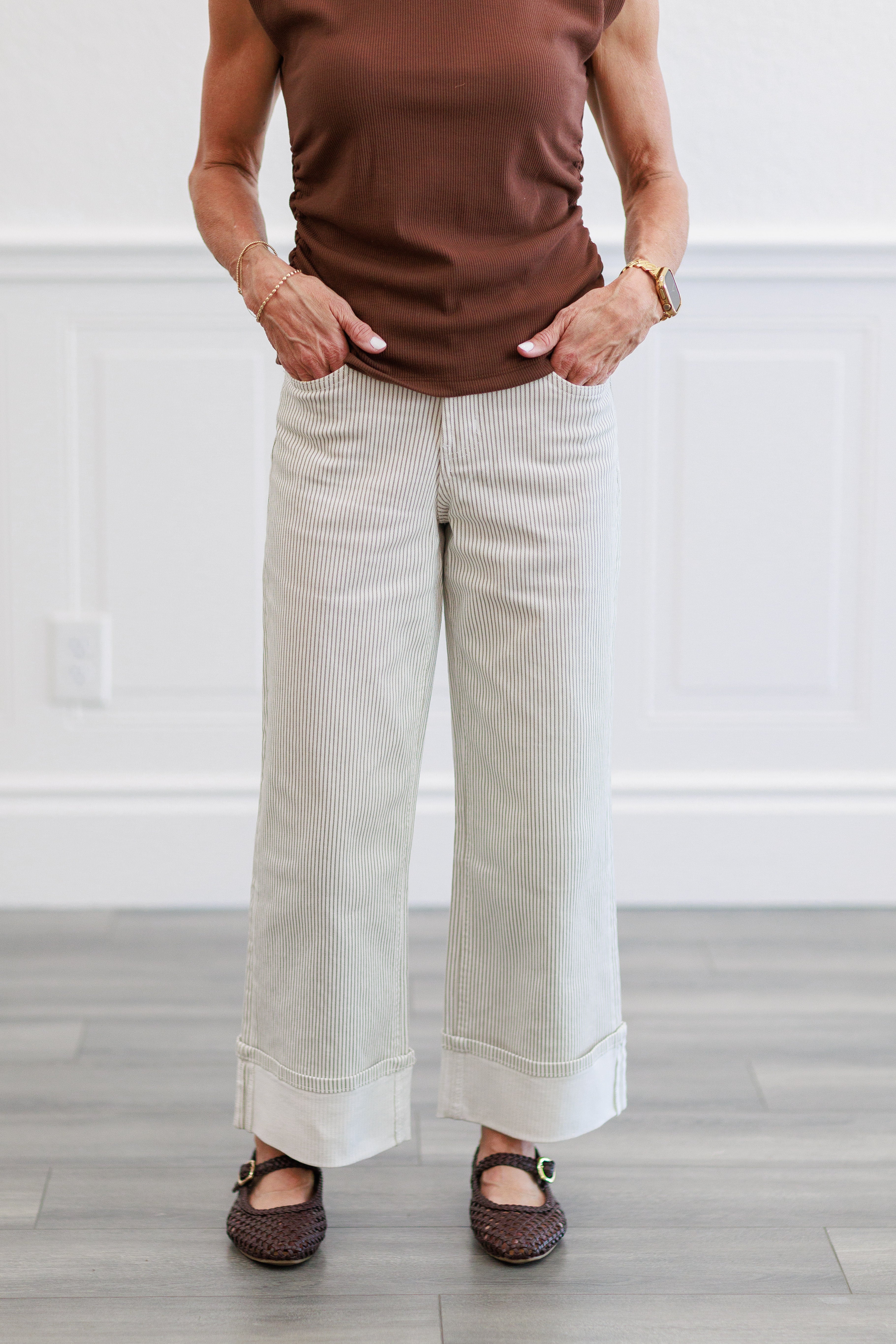 Pinstripe Wide Leg Cuffed Pants