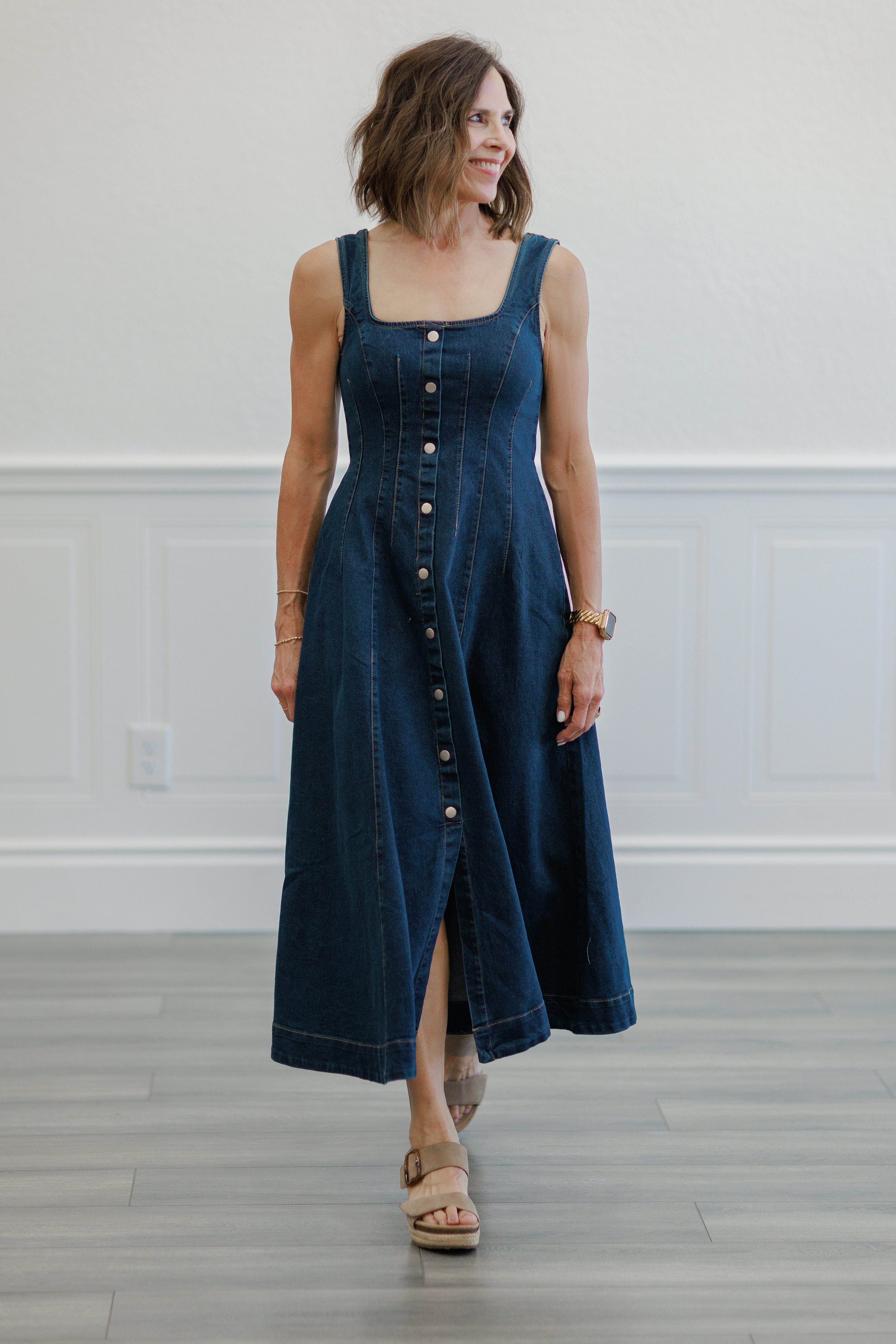 Dark Wash Denim Square Neck Button Front Midi Dress