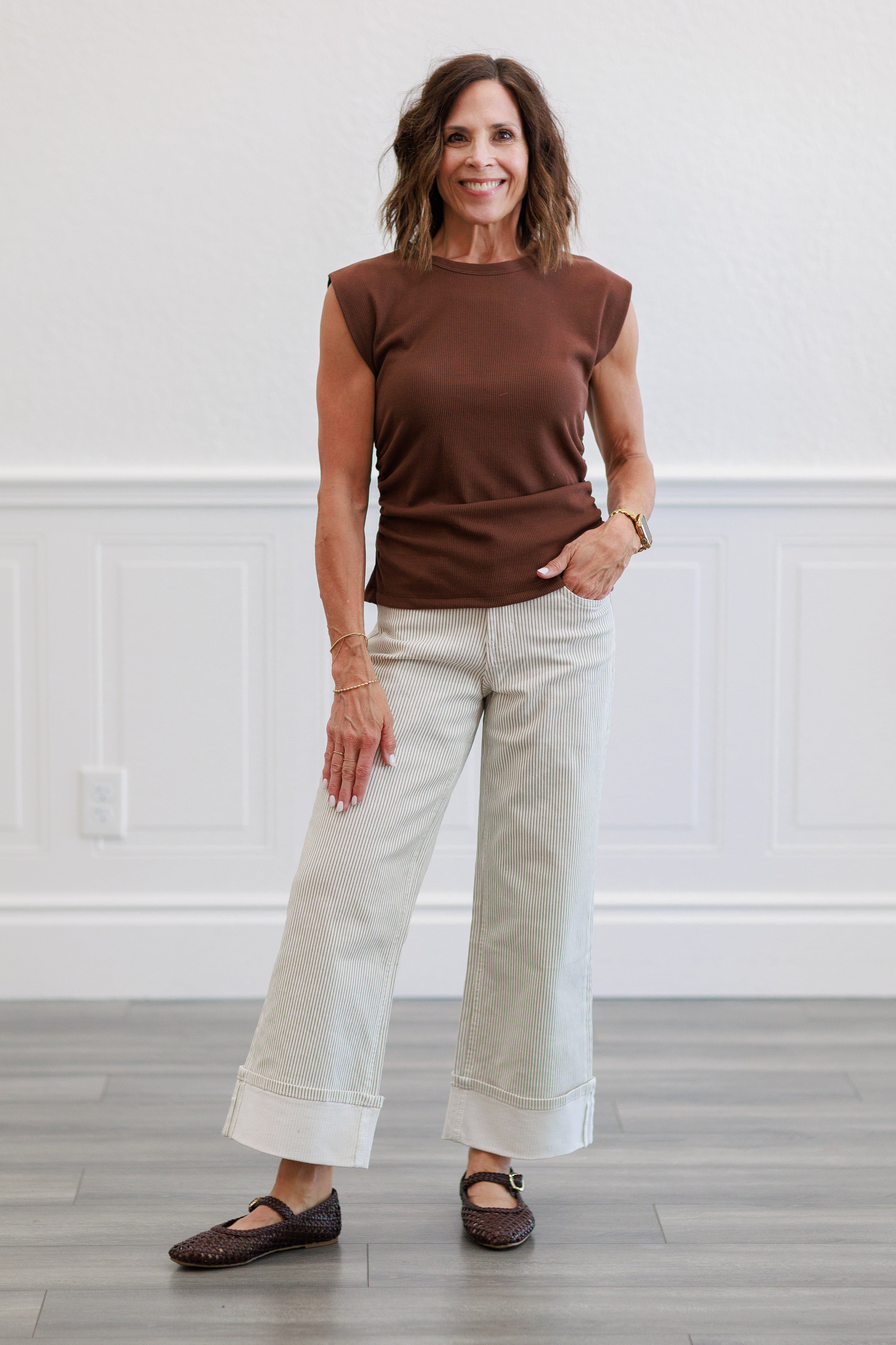Pinstripe Wide Leg Cuffed Pants