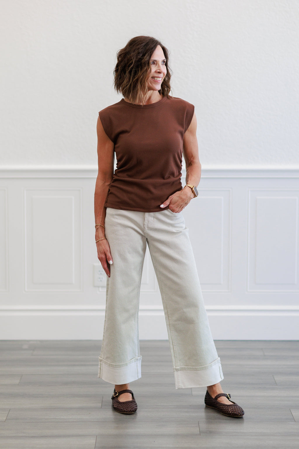 Pinstripe Wide Leg Cuffed Pants