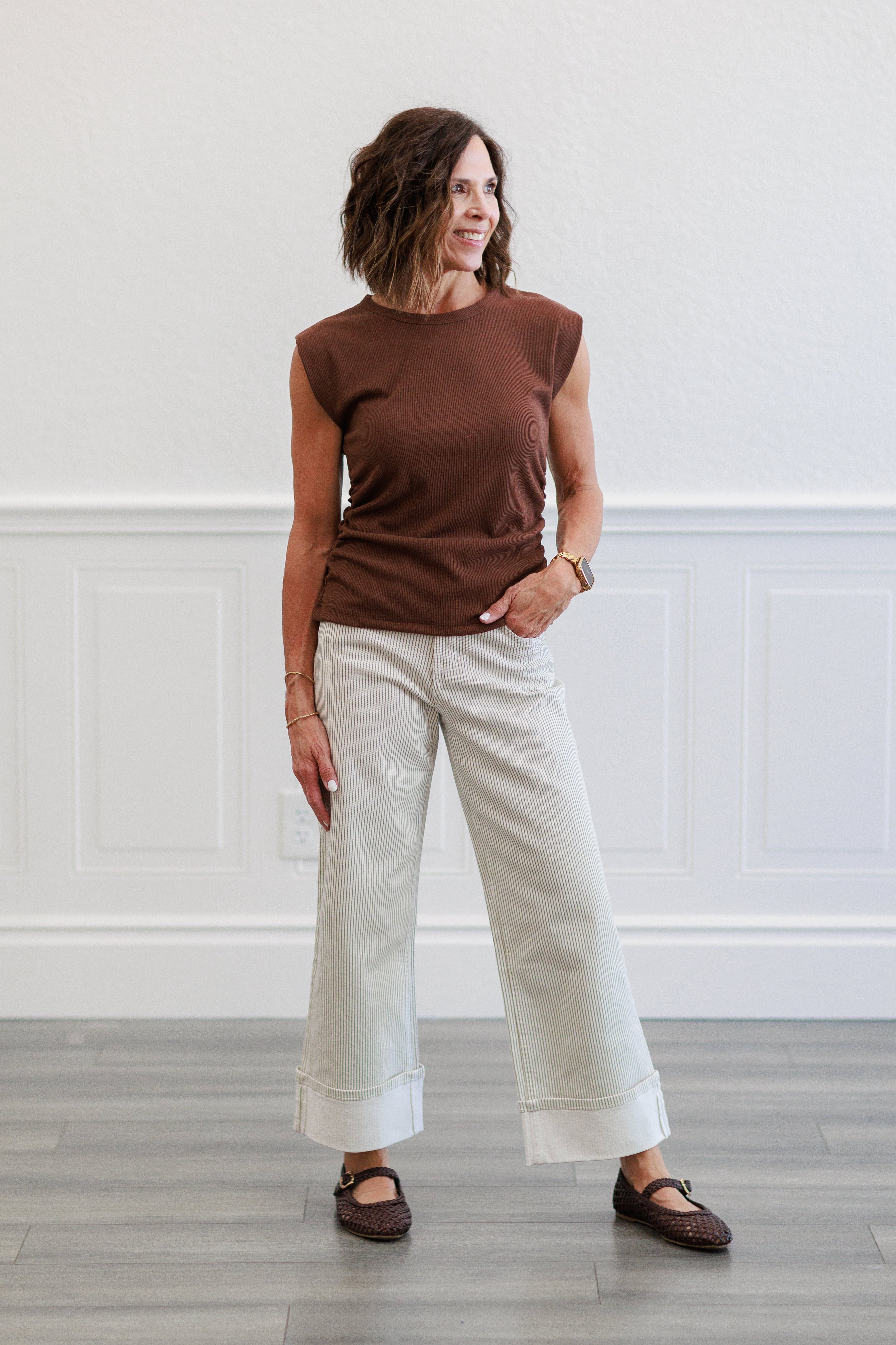 Pinstripe Wide Leg Cuffed Pants