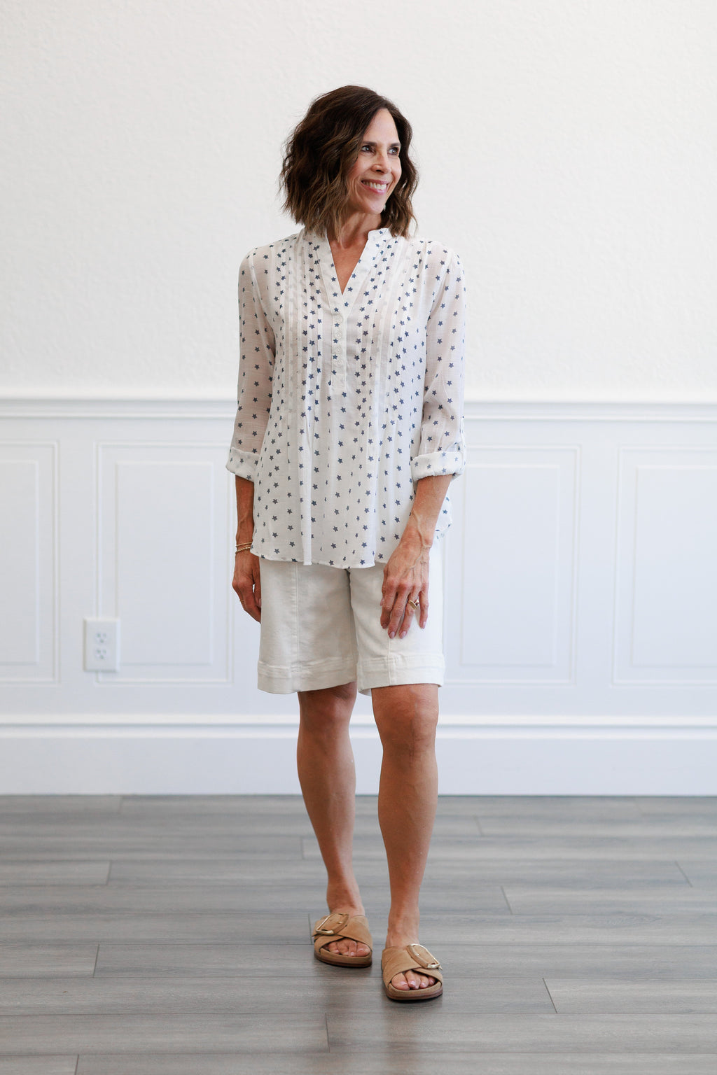 Button Front Tissue Faille Roll Tab Blouse