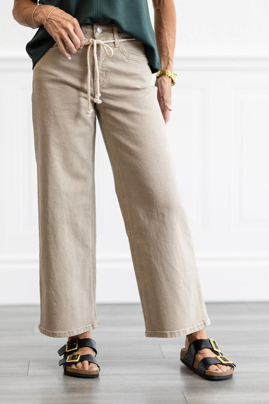 High Rise Taupe Drawstring Crop Wide Leg Jeans