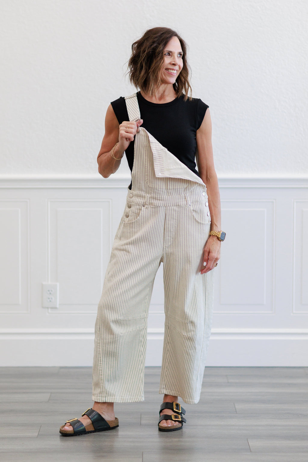 Oatmeal Pinstripe Wide Leg Overalls