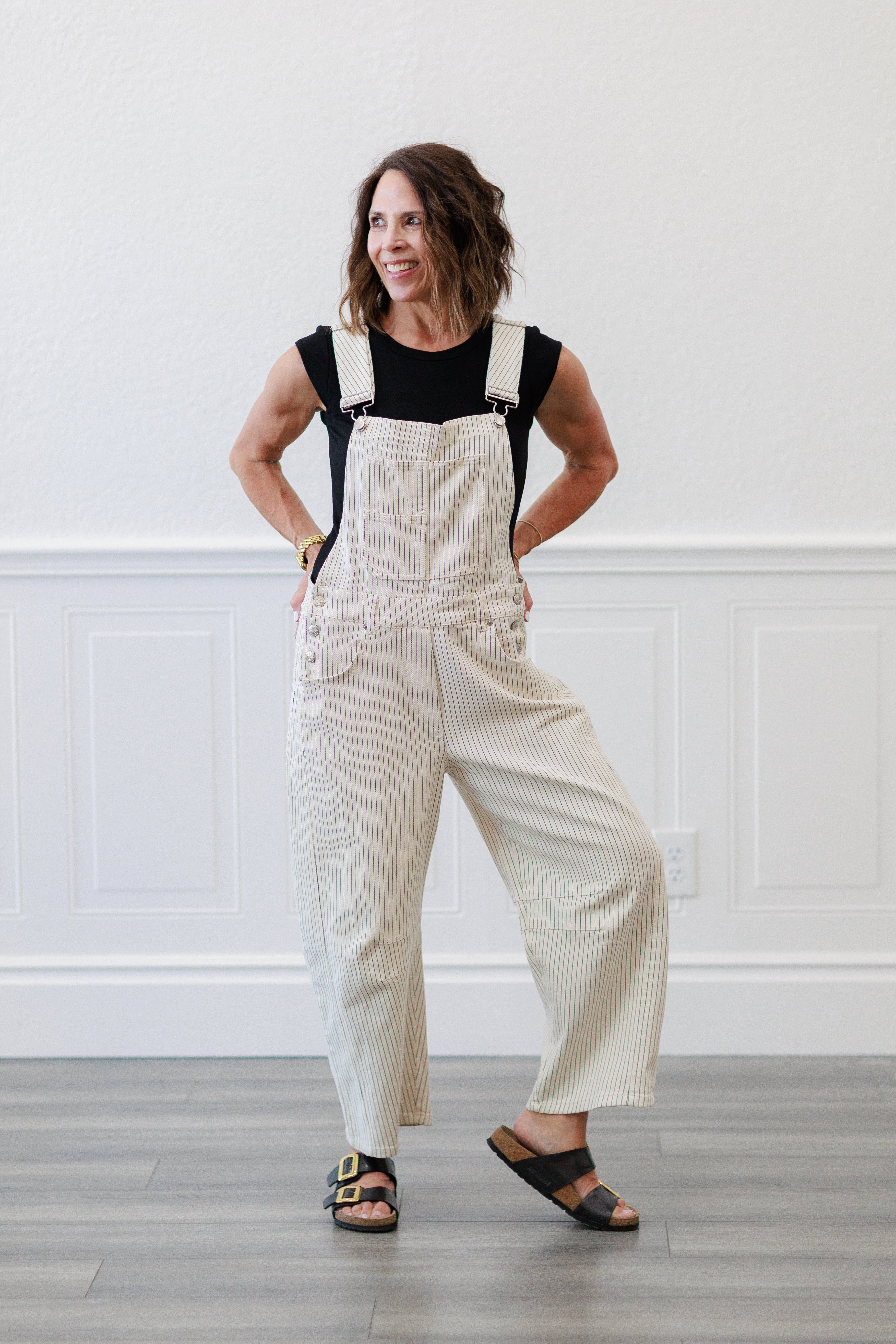 Oatmeal Pinstripe Wide Leg Overalls
