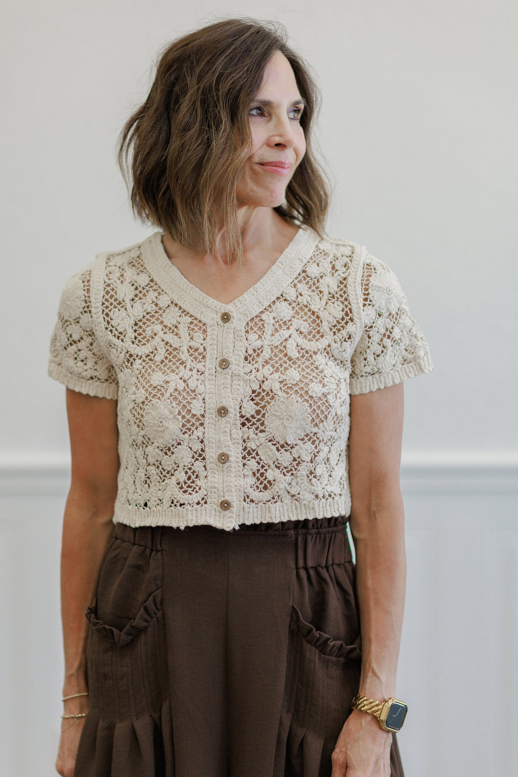 Floral Crochet Button Front Short Sleeve Top