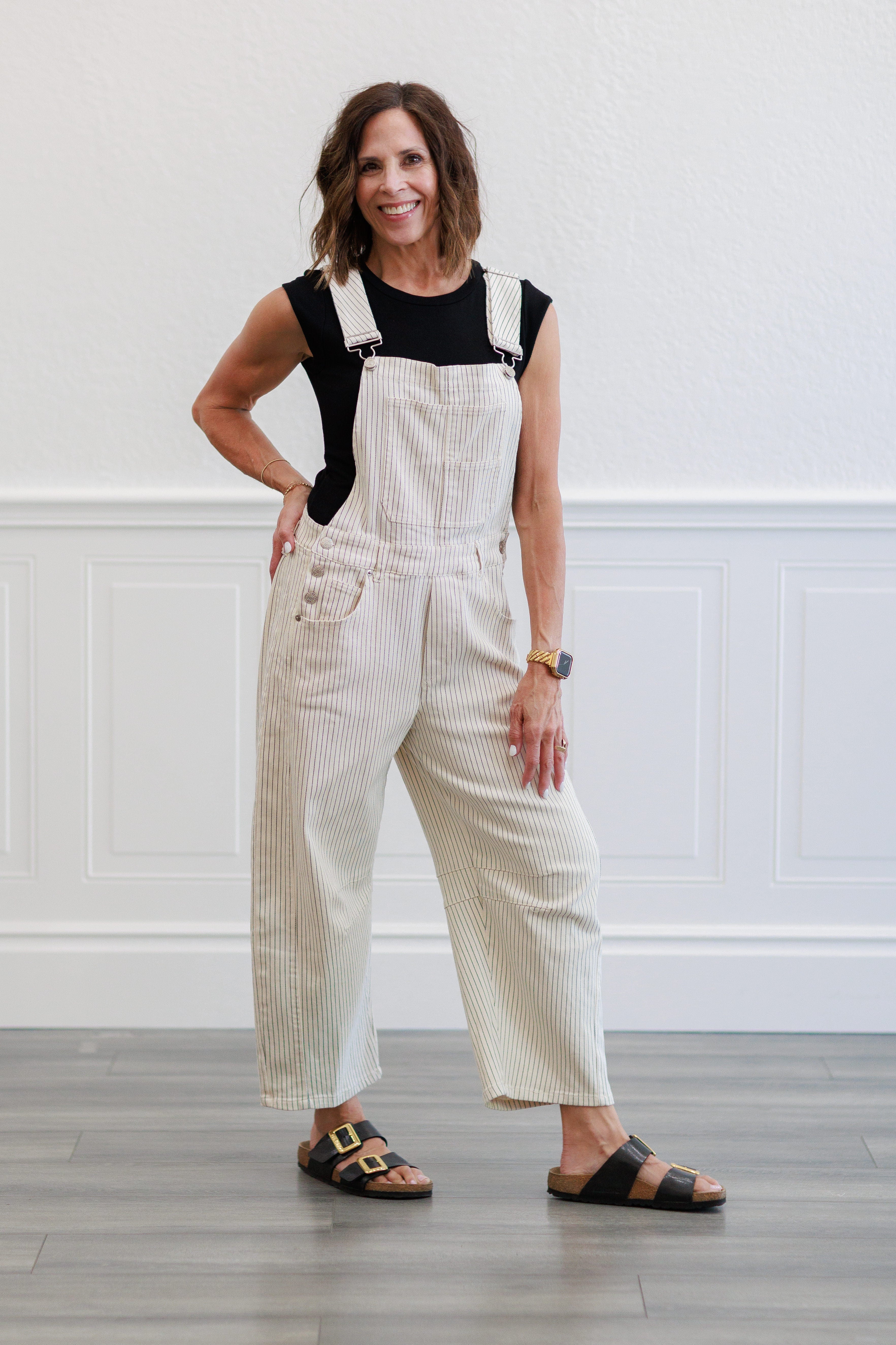 Oatmeal Pinstripe Wide Leg Overalls
