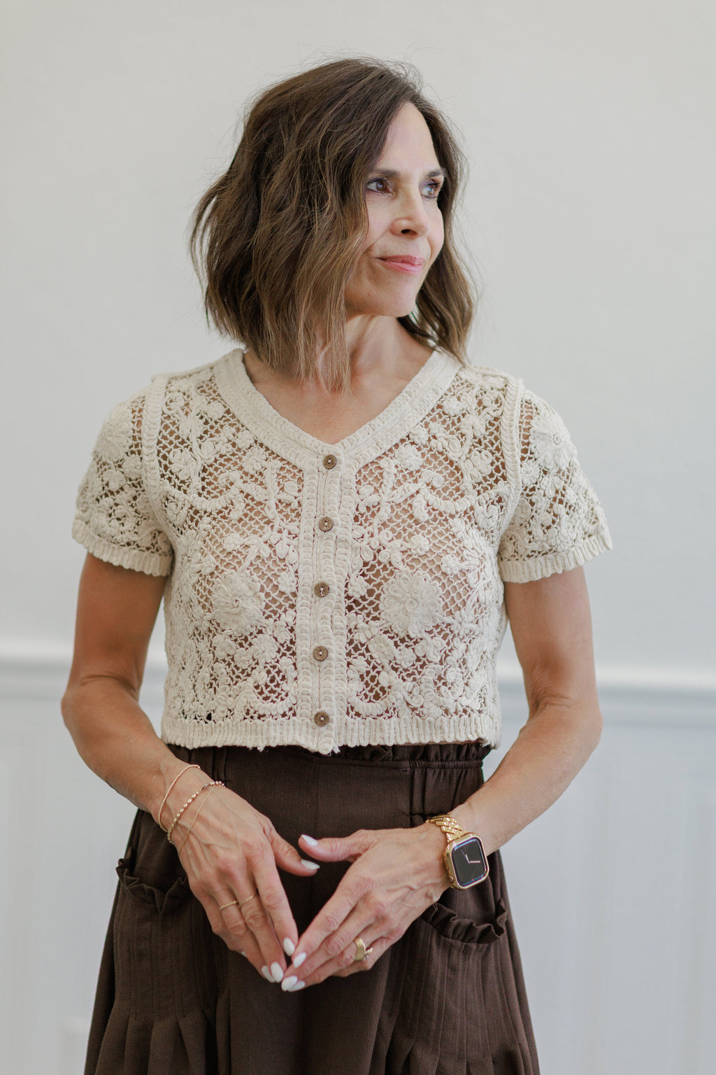 Floral Crochet Button Front Short Sleeve Top