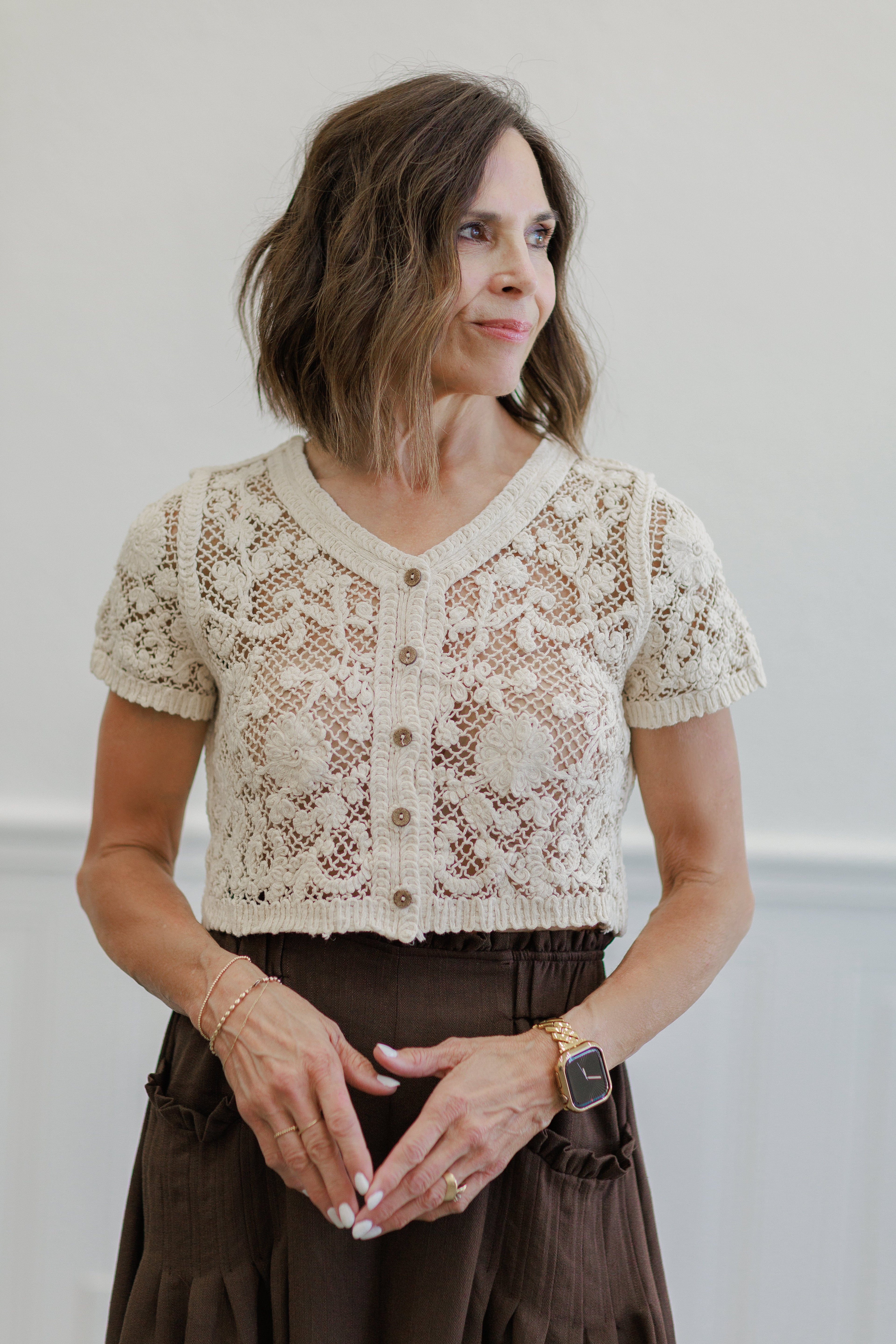 Floral Crochet Button Front Short Sleeve Top