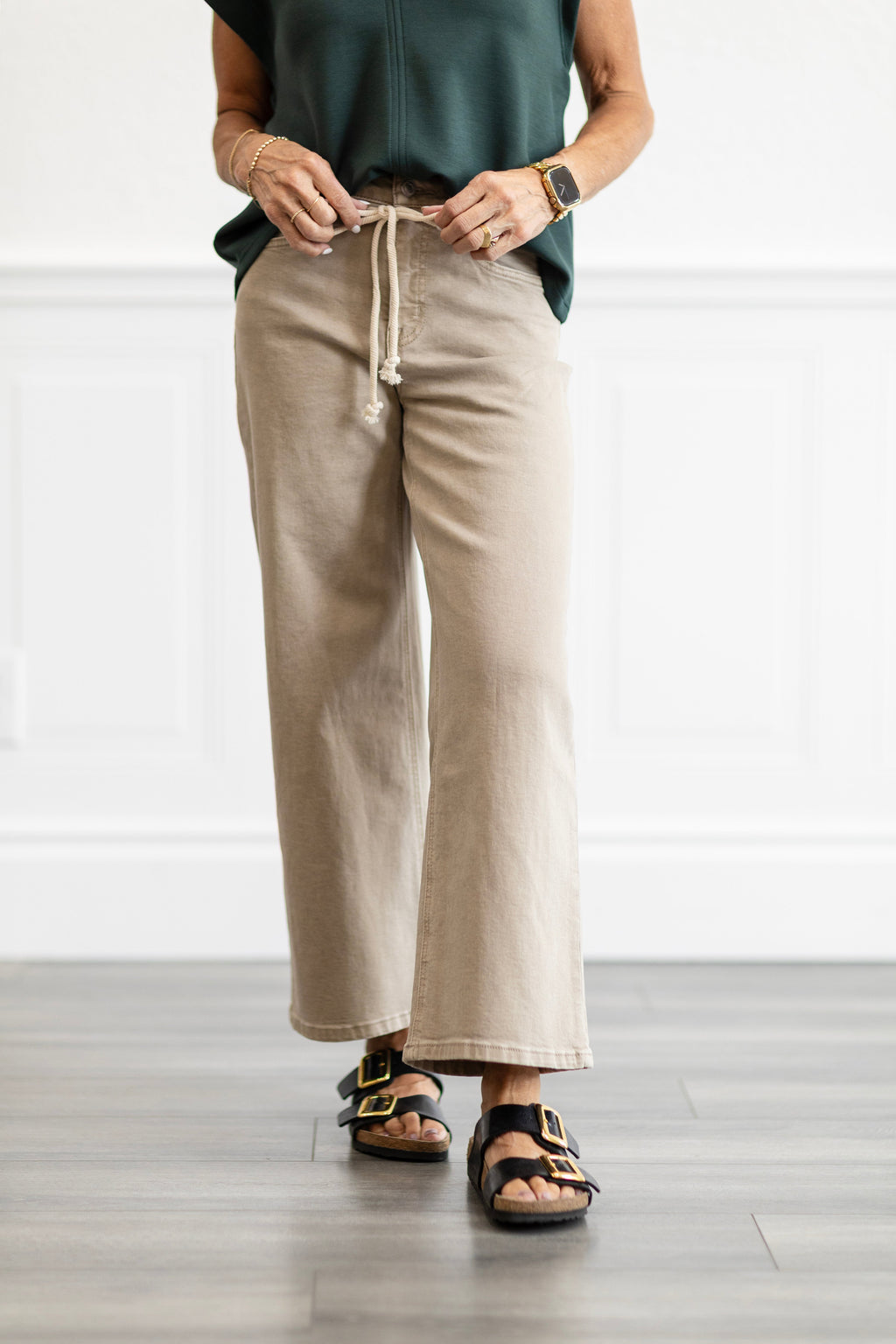 High Rise Taupe Drawstring Crop Wide Leg Jeans