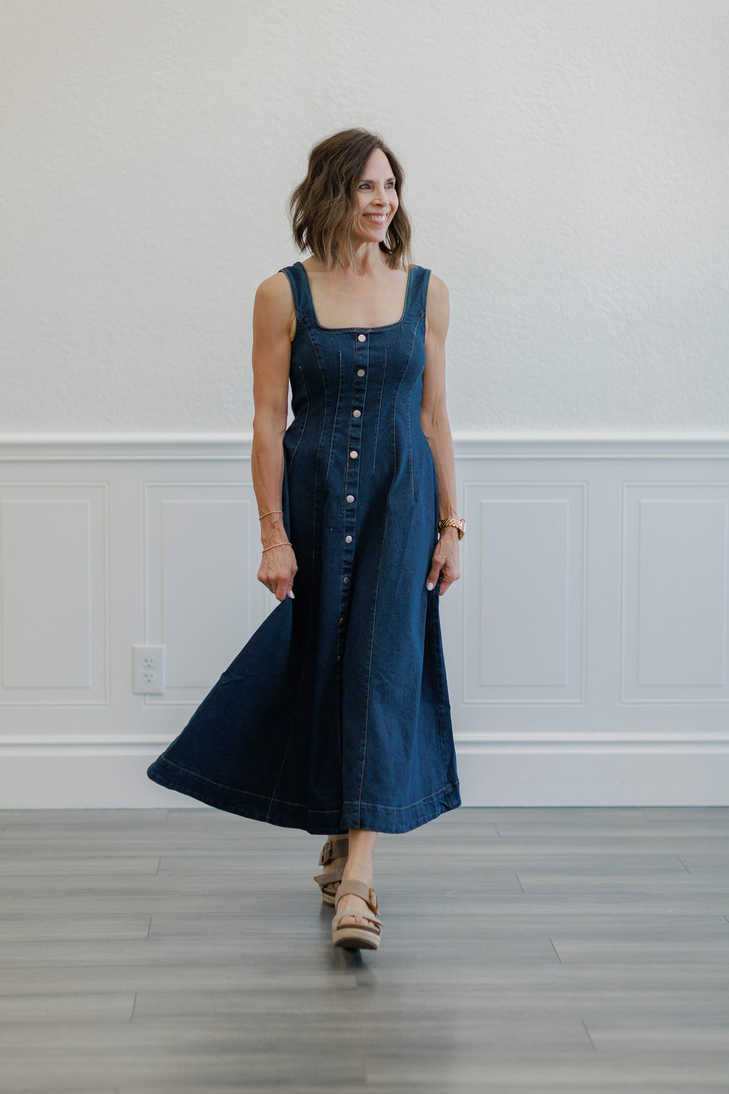 Dark Wash Denim Square Neck Button Front Midi Dress