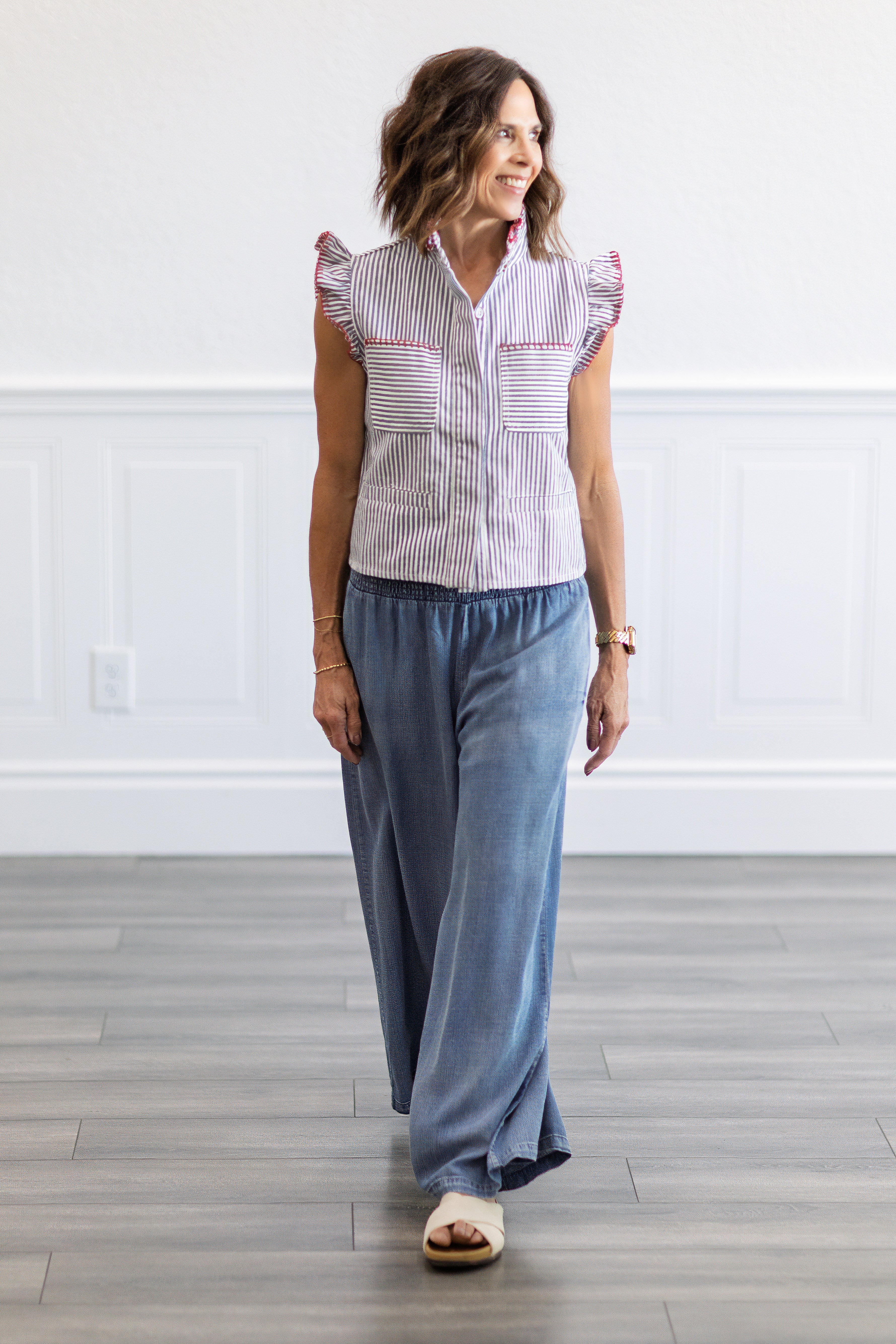 Smocked Waist Wide Leg Chambray Pants in Dark Denim