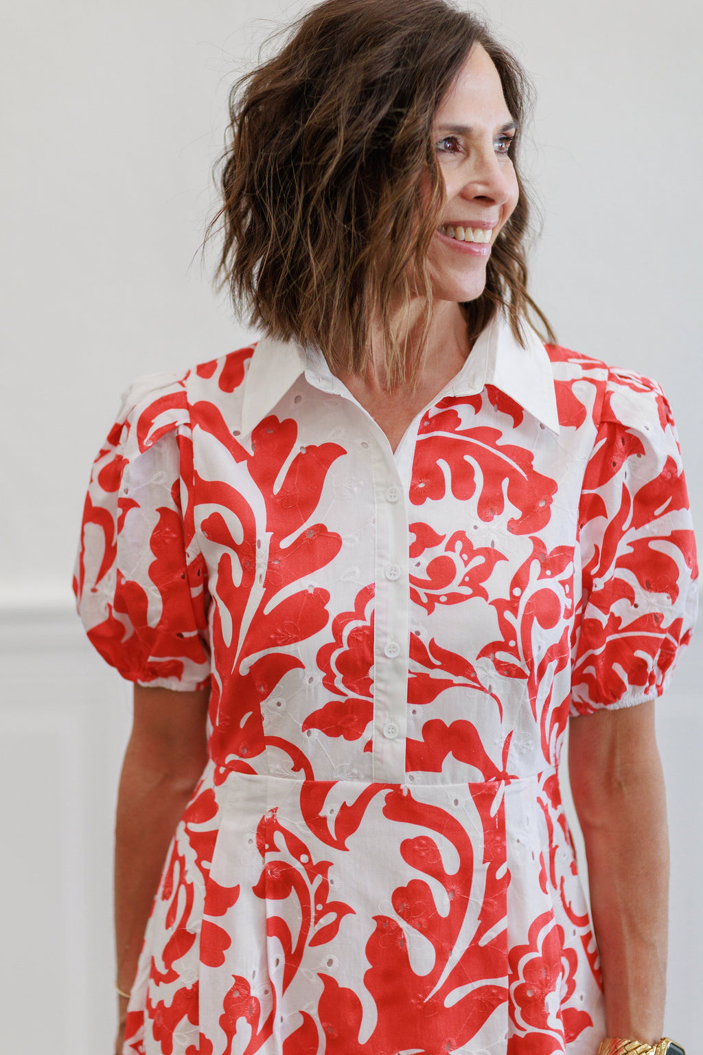 Printed Short Sleeve Puff Midi Dress