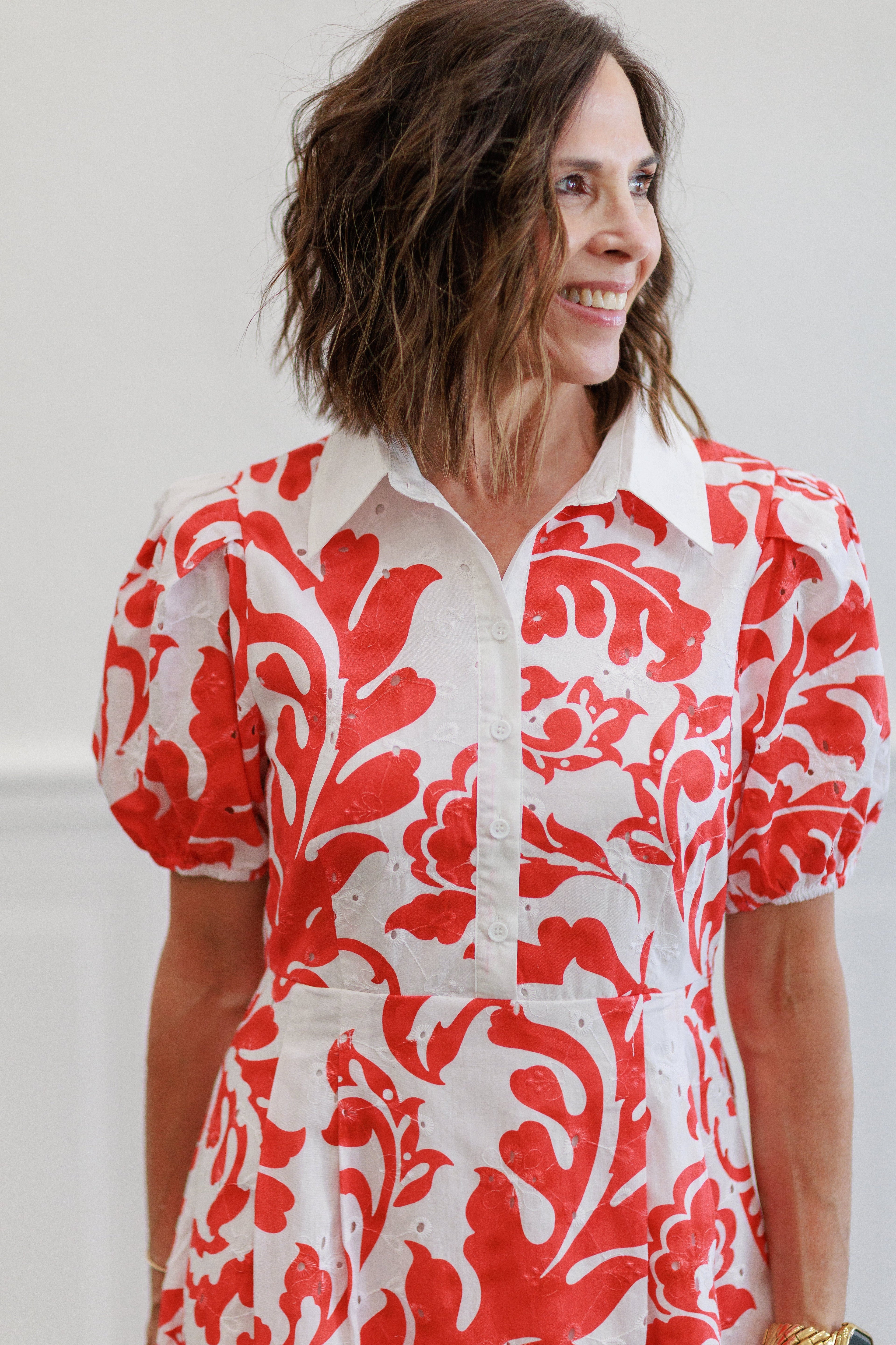 Printed Short Sleeve Puff Midi Dress