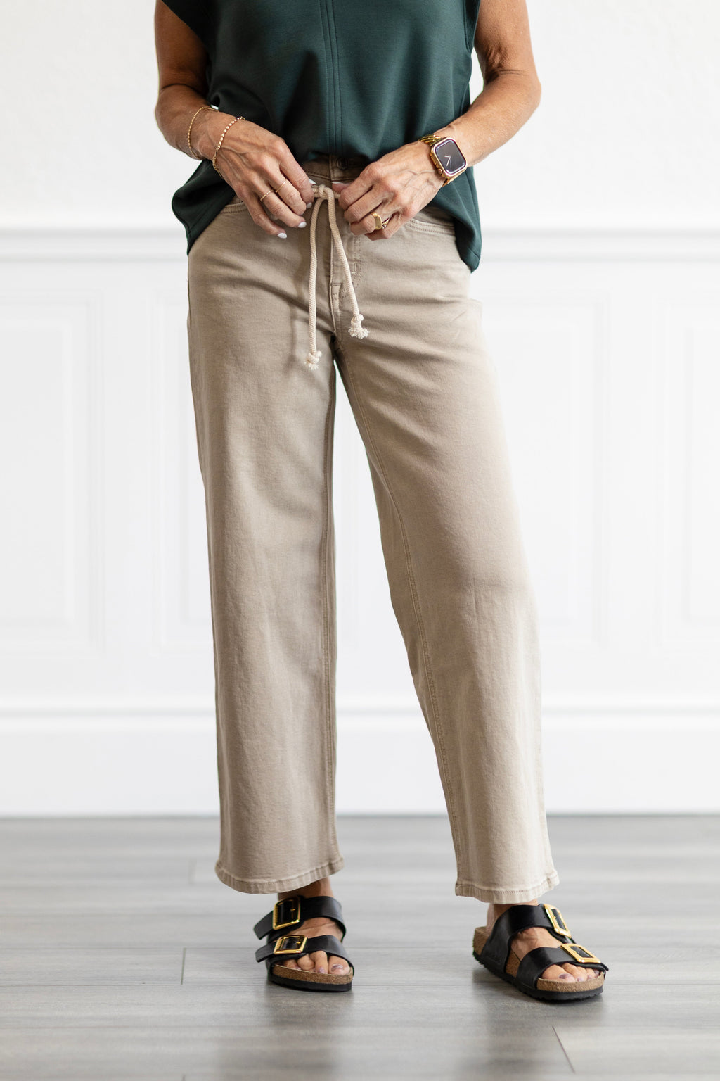 High Rise Taupe Drawstring Crop Wide Leg Jeans
