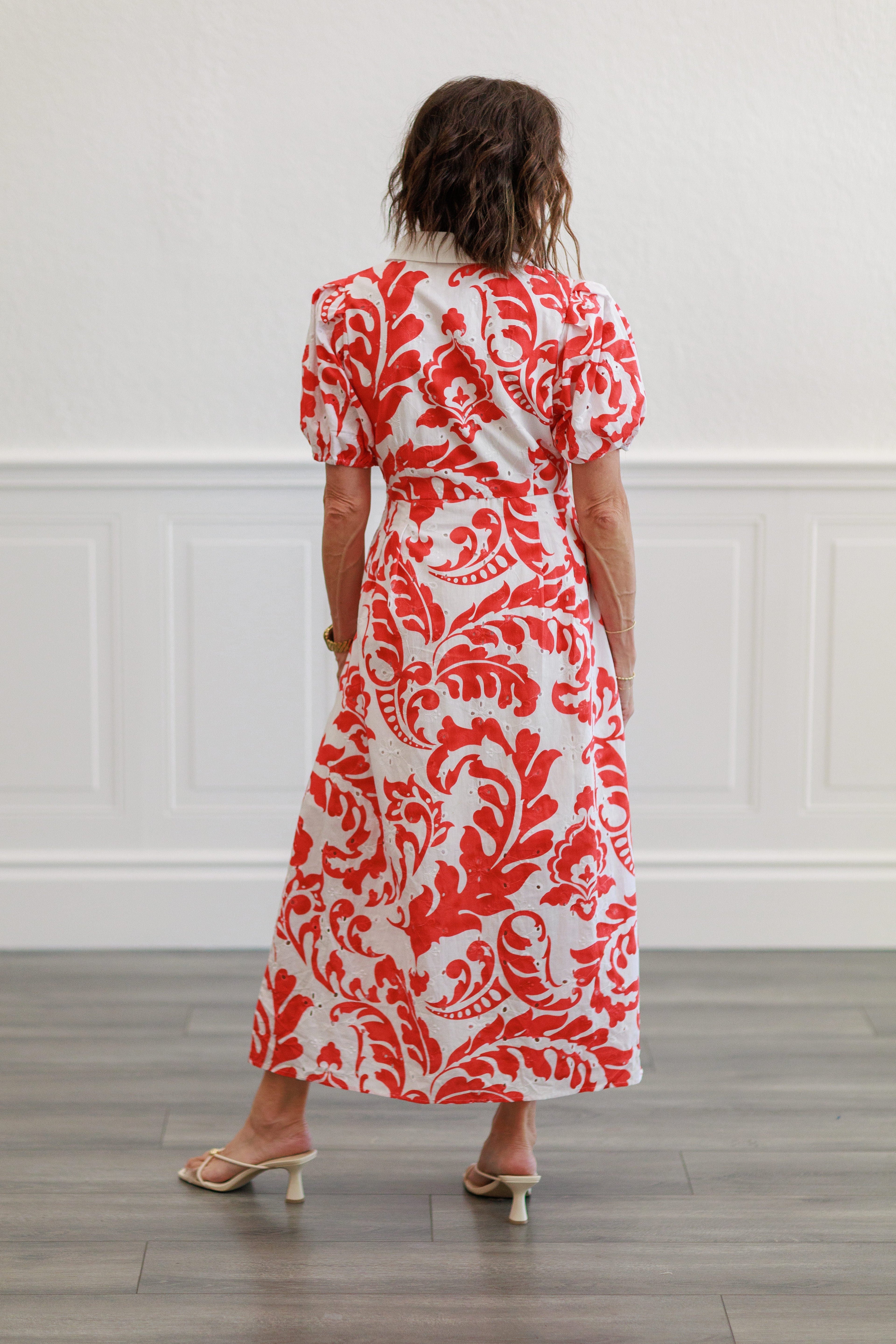 Printed Short Sleeve Puff Midi Dress