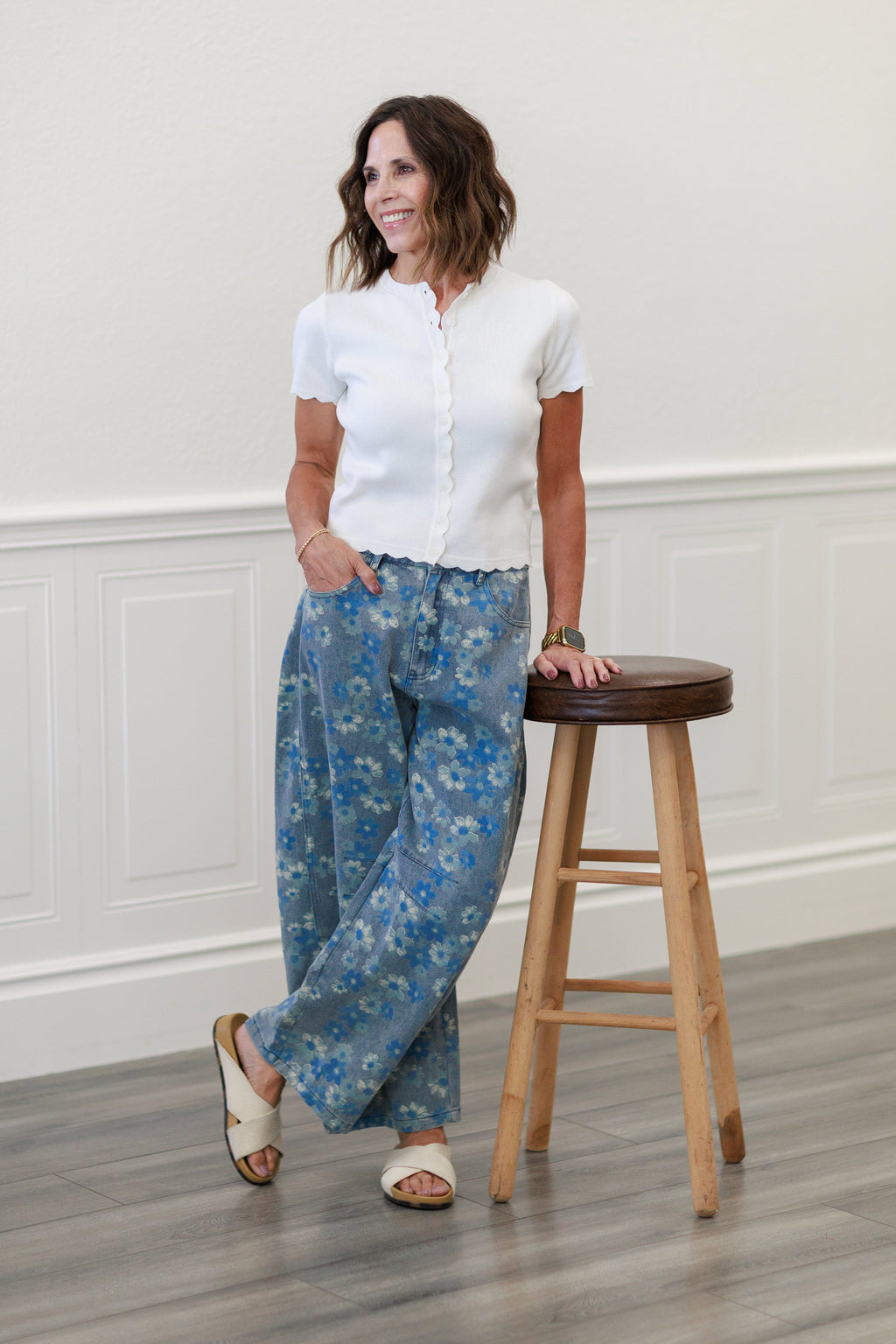 Denim Floral Wide Leg Jeans