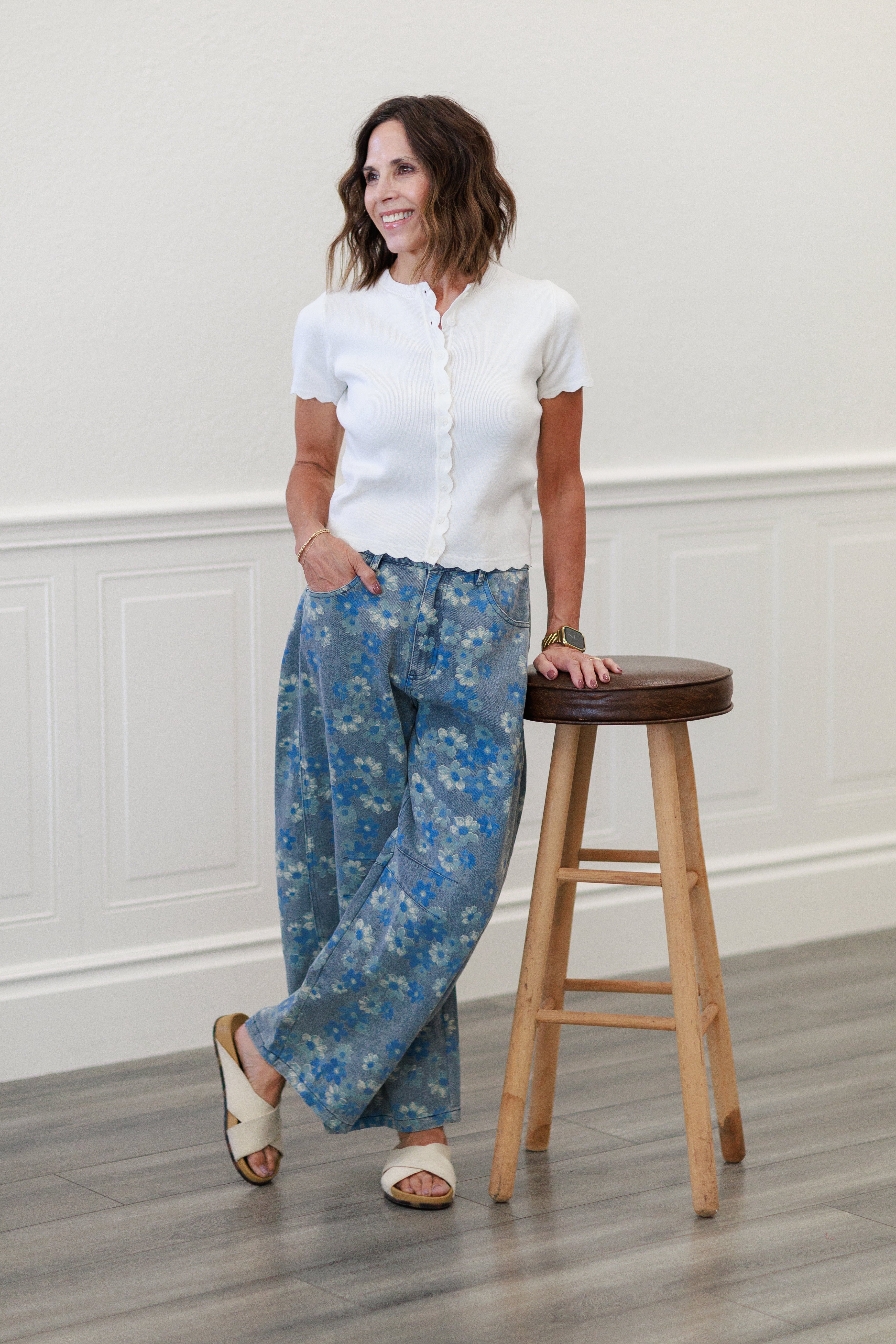 Denim Floral Wide Leg Jeans