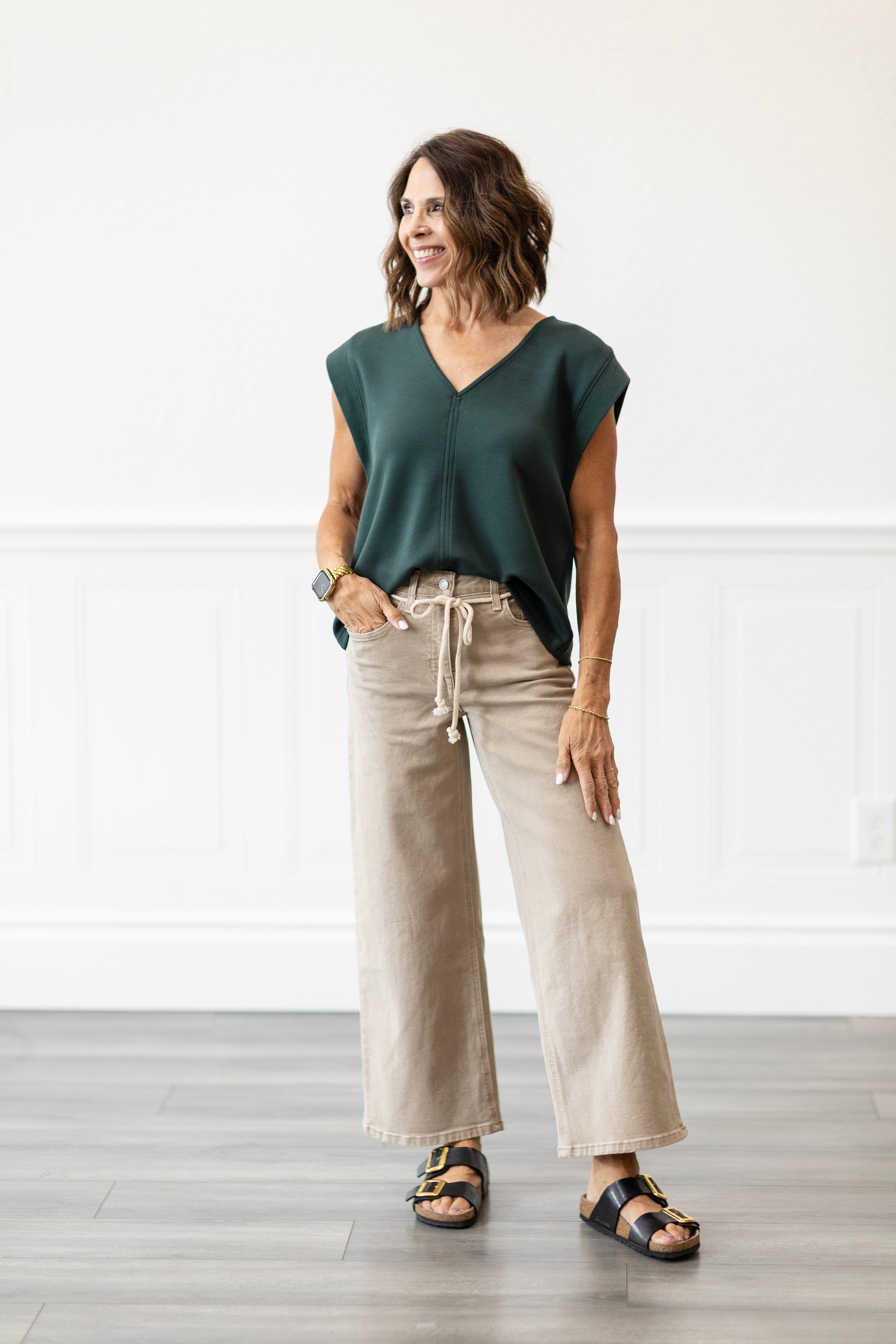 High Rise Taupe Drawstring Crop Wide Leg Jeans