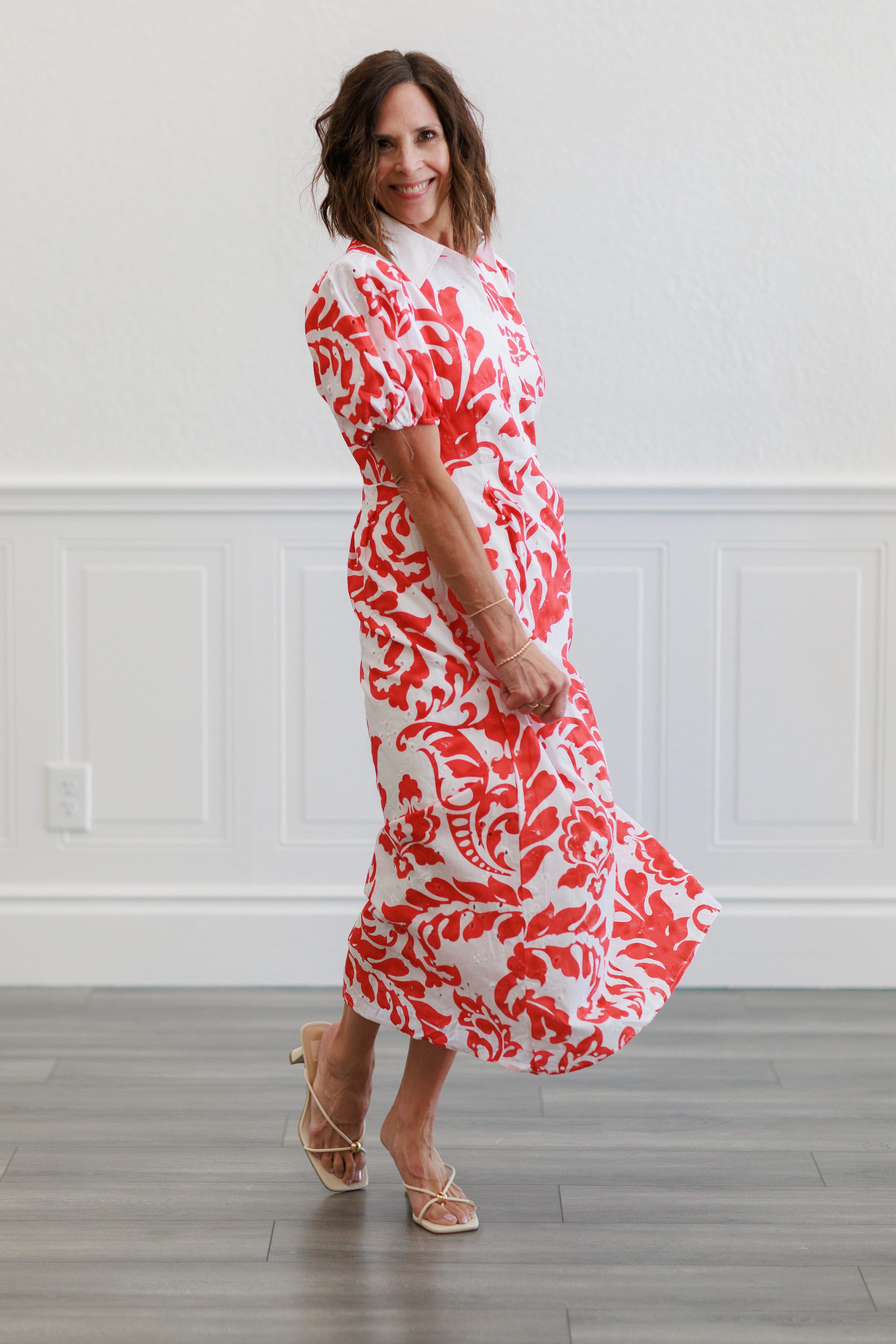 Printed Short Sleeve Puff Midi Dress