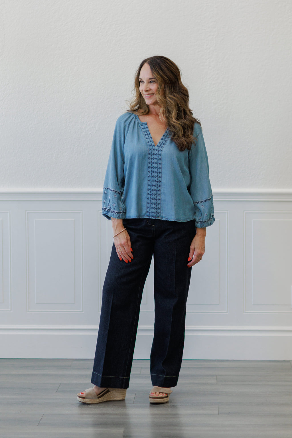 Vintage Blue Embroidered Boho Blouse