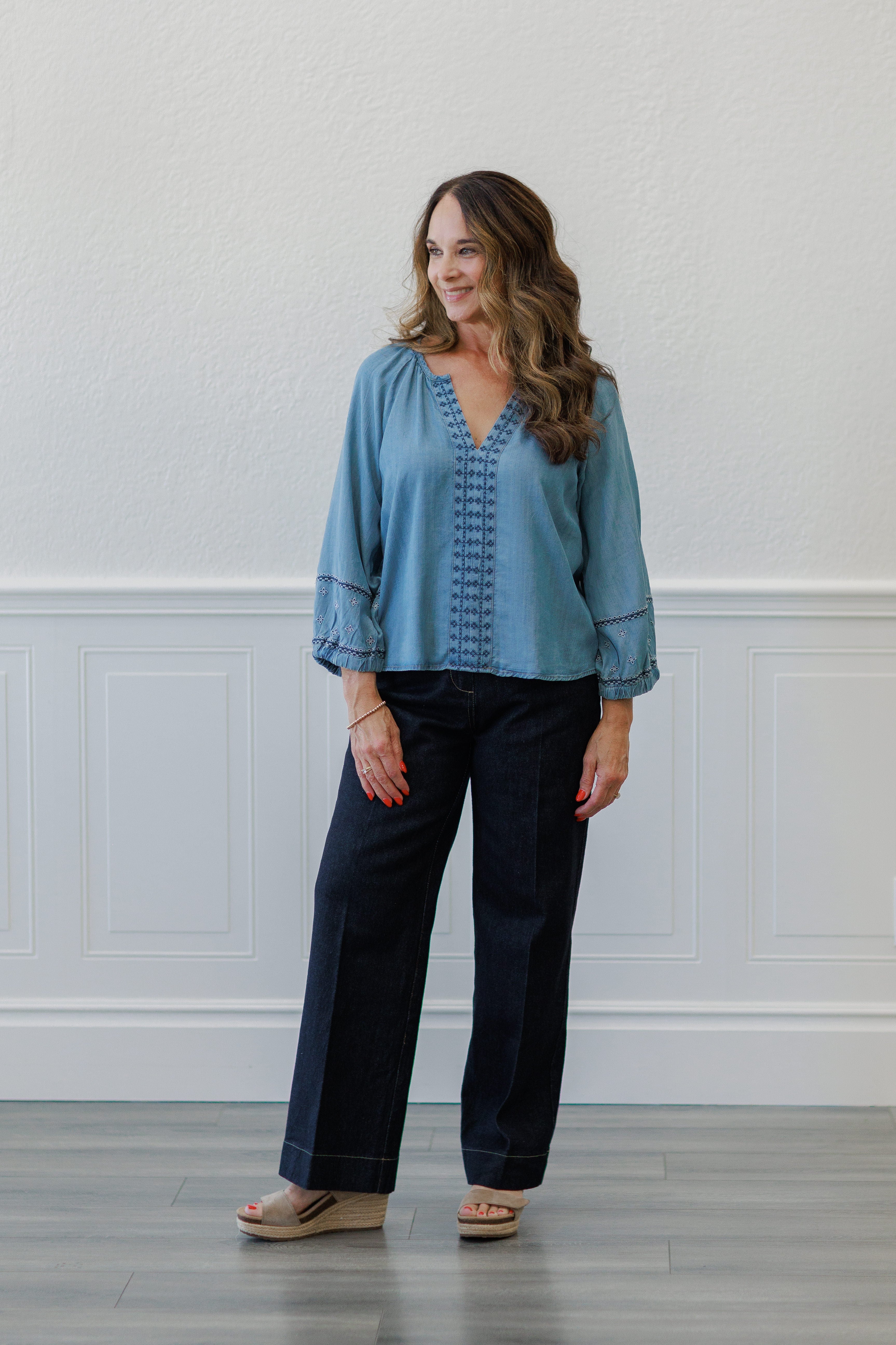 Vintage Blue Embroidered Boho Blouse