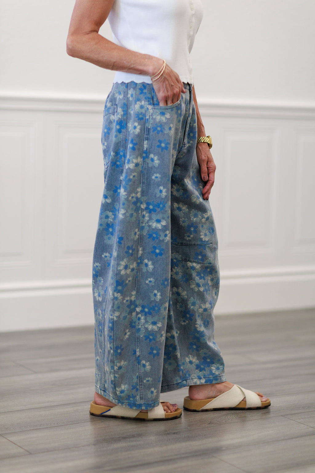 Denim Floral Wide Leg Jeans