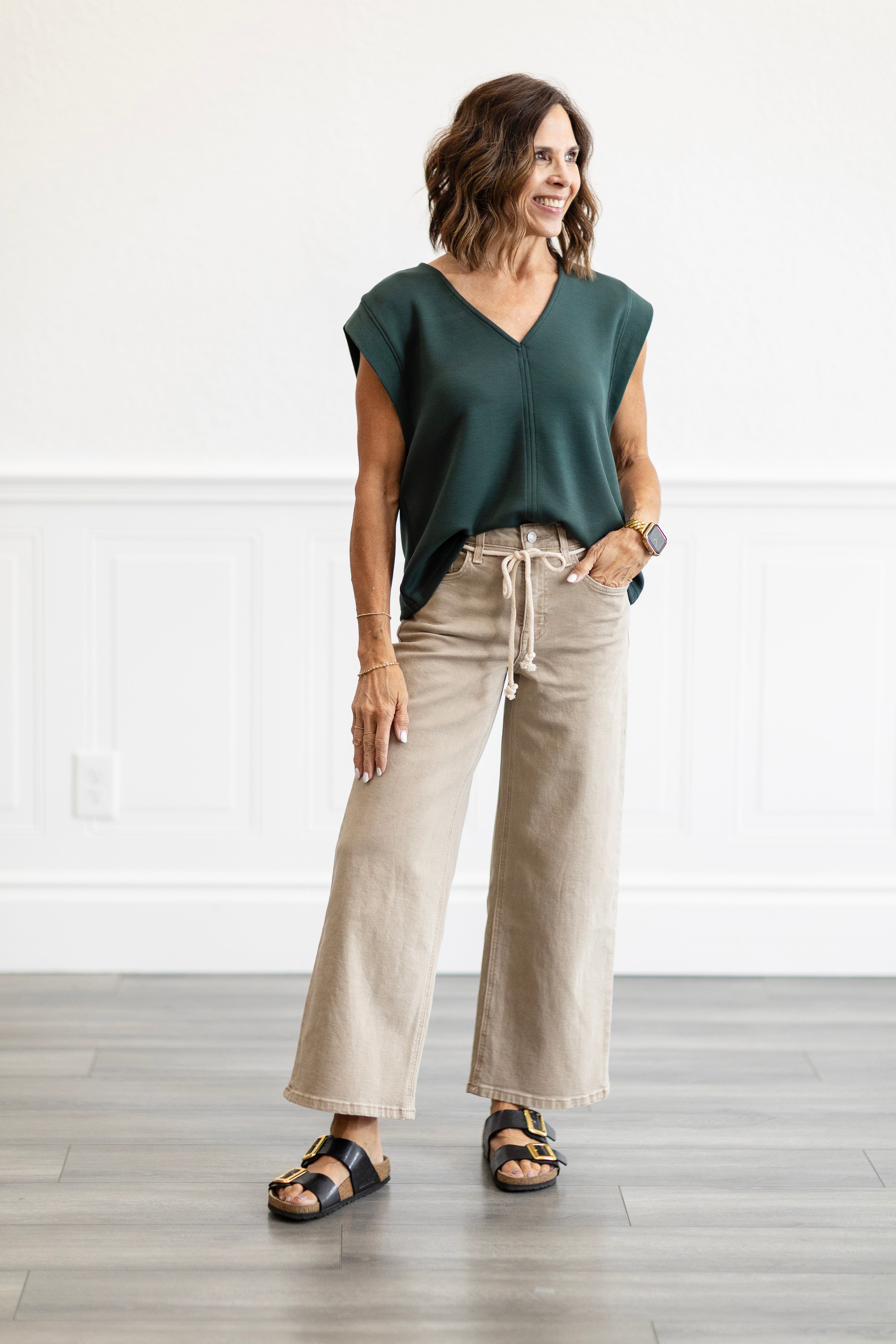 High Rise Taupe Drawstring Crop Wide Leg Jeans