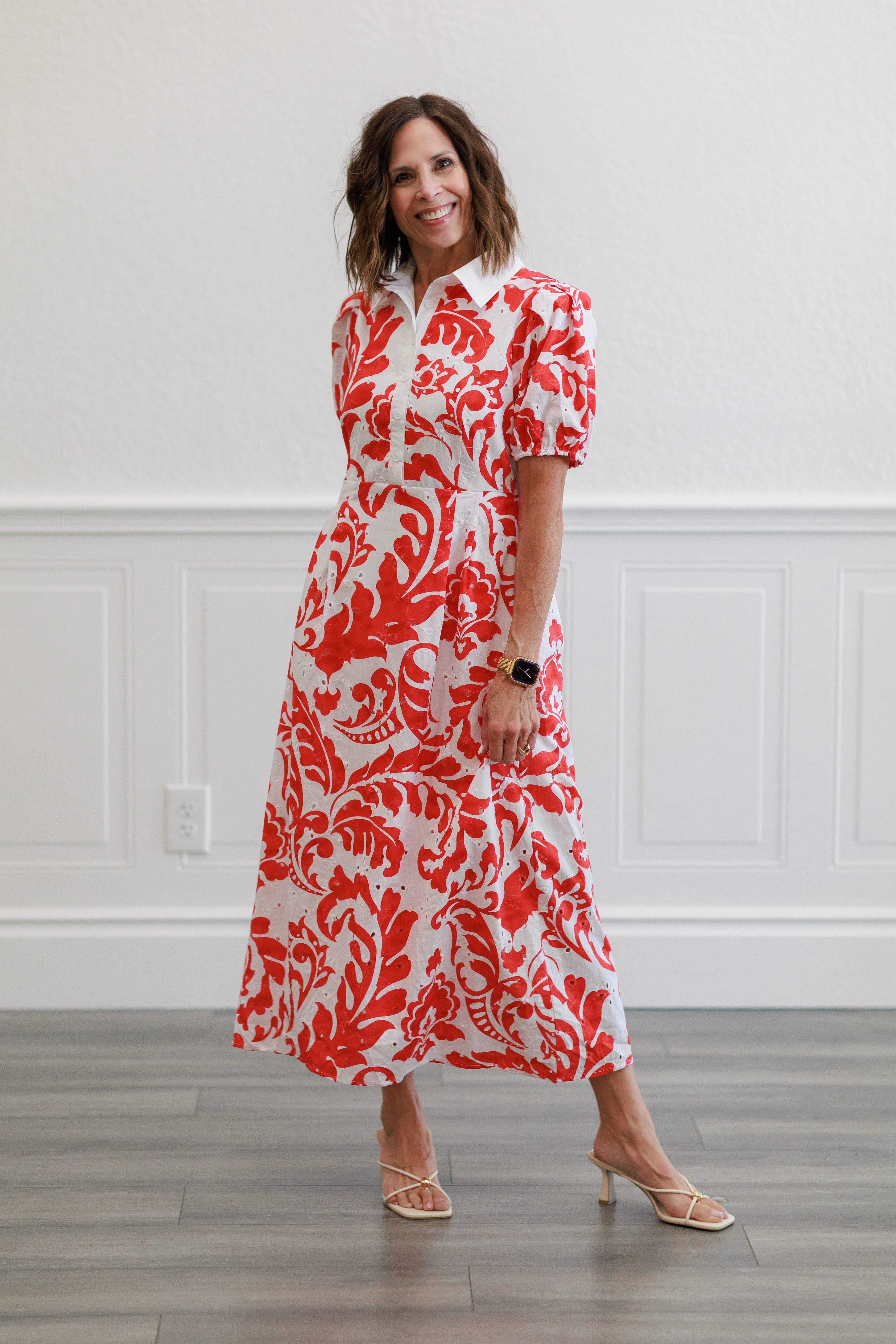 Printed Short Sleeve Puff Midi Dress