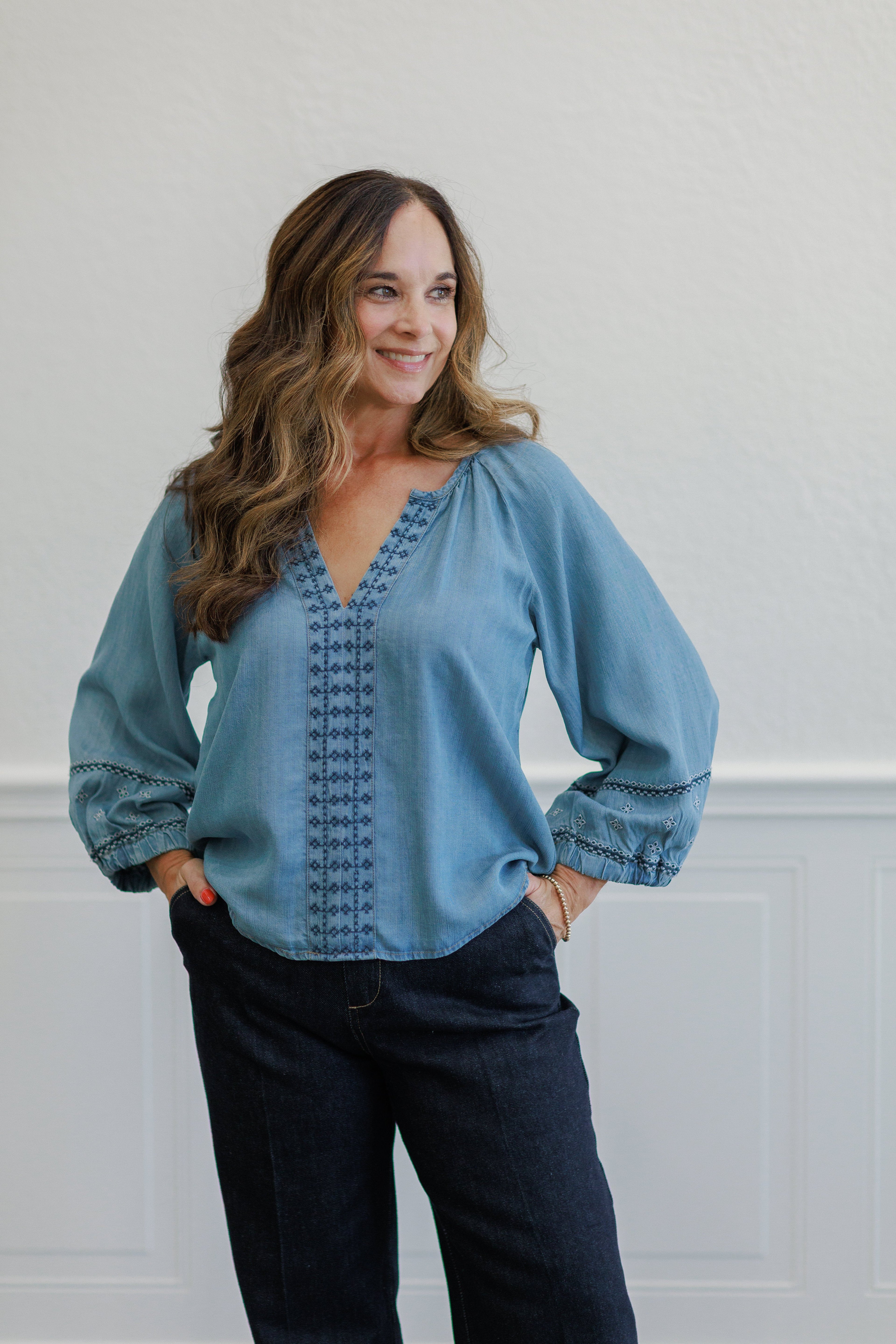 Vintage Blue Embroidered Boho Blouse