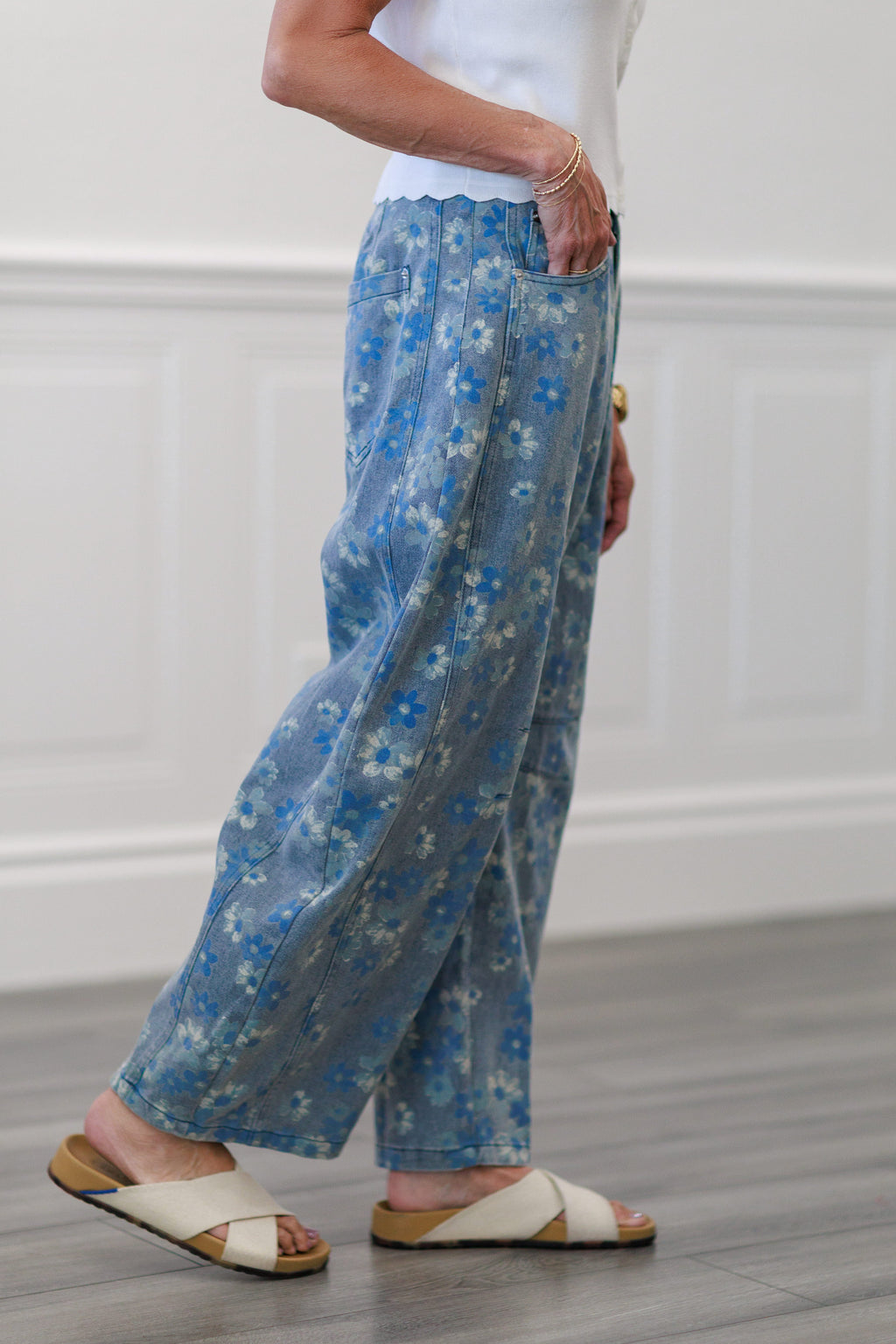 Denim Floral Wide Leg Jeans