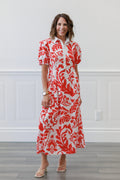 Printed Short Sleeve Puff Midi Dress