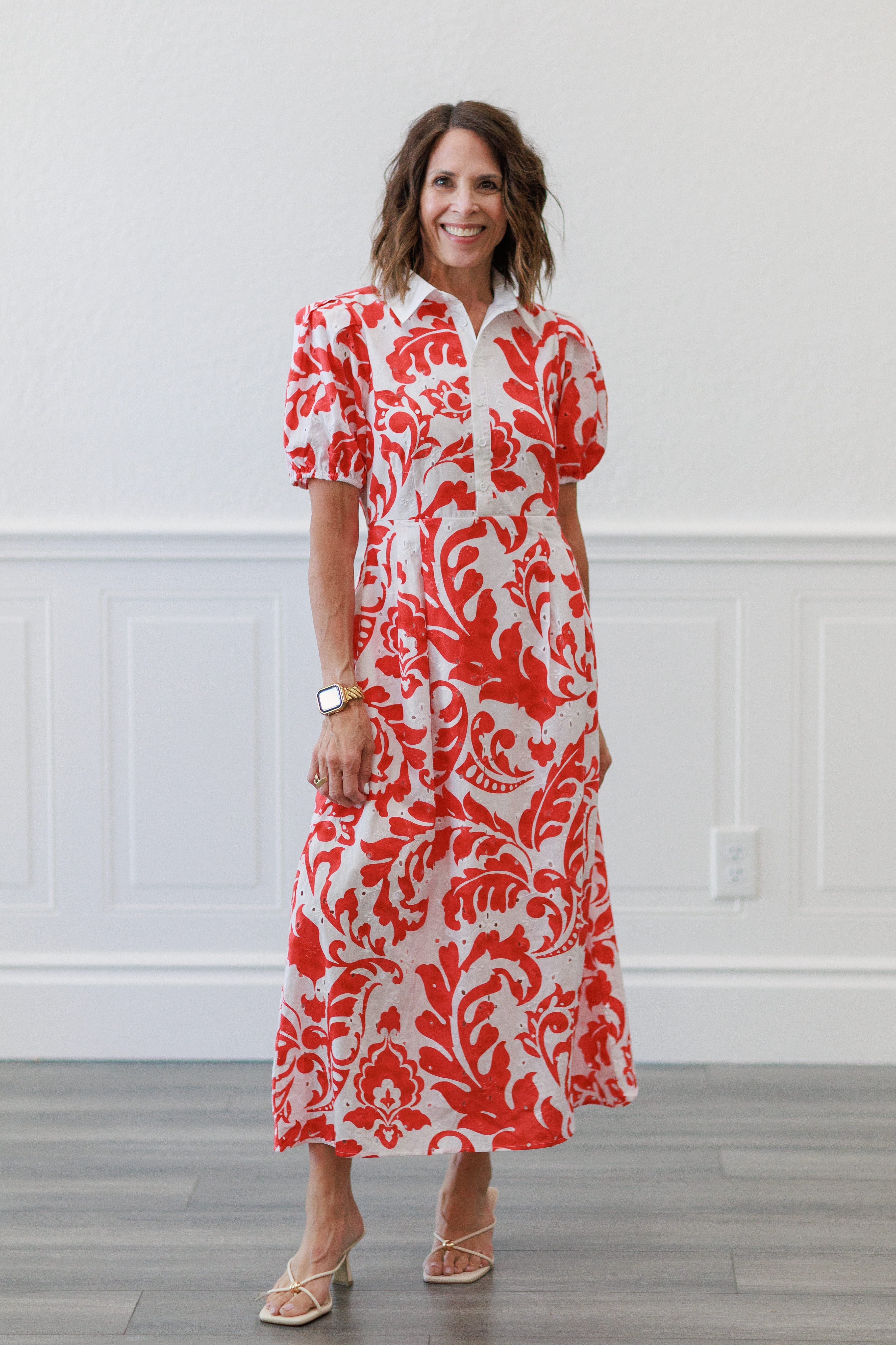 Printed Short Sleeve Puff Midi Dress