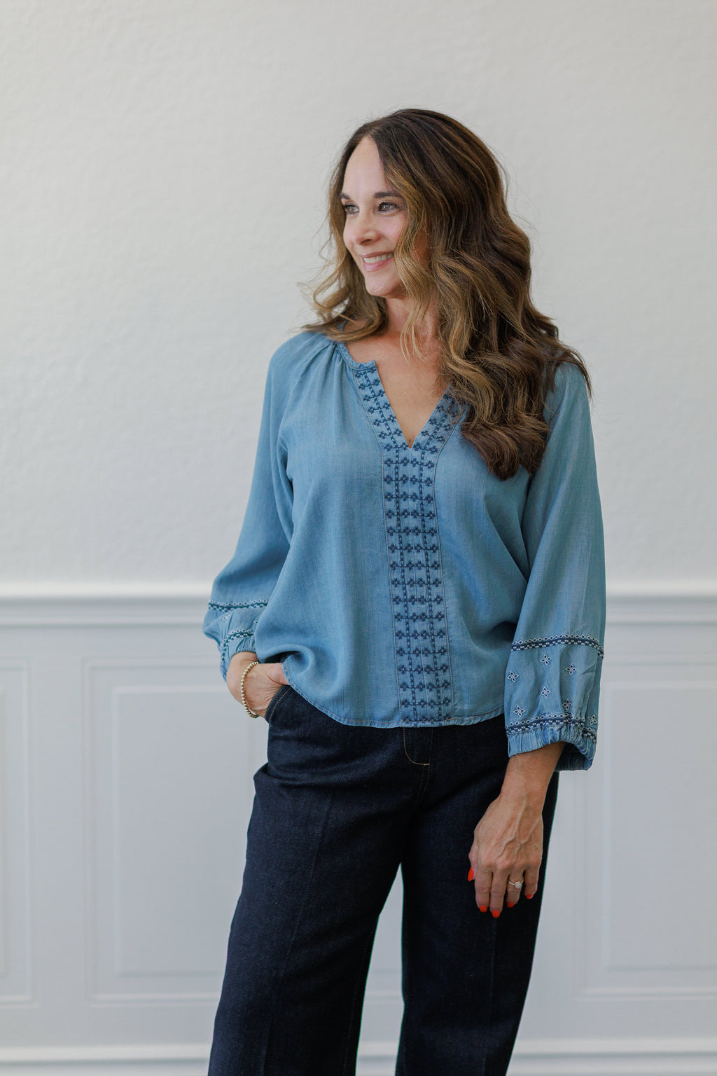Vintage Blue Embroidered Boho Blouse