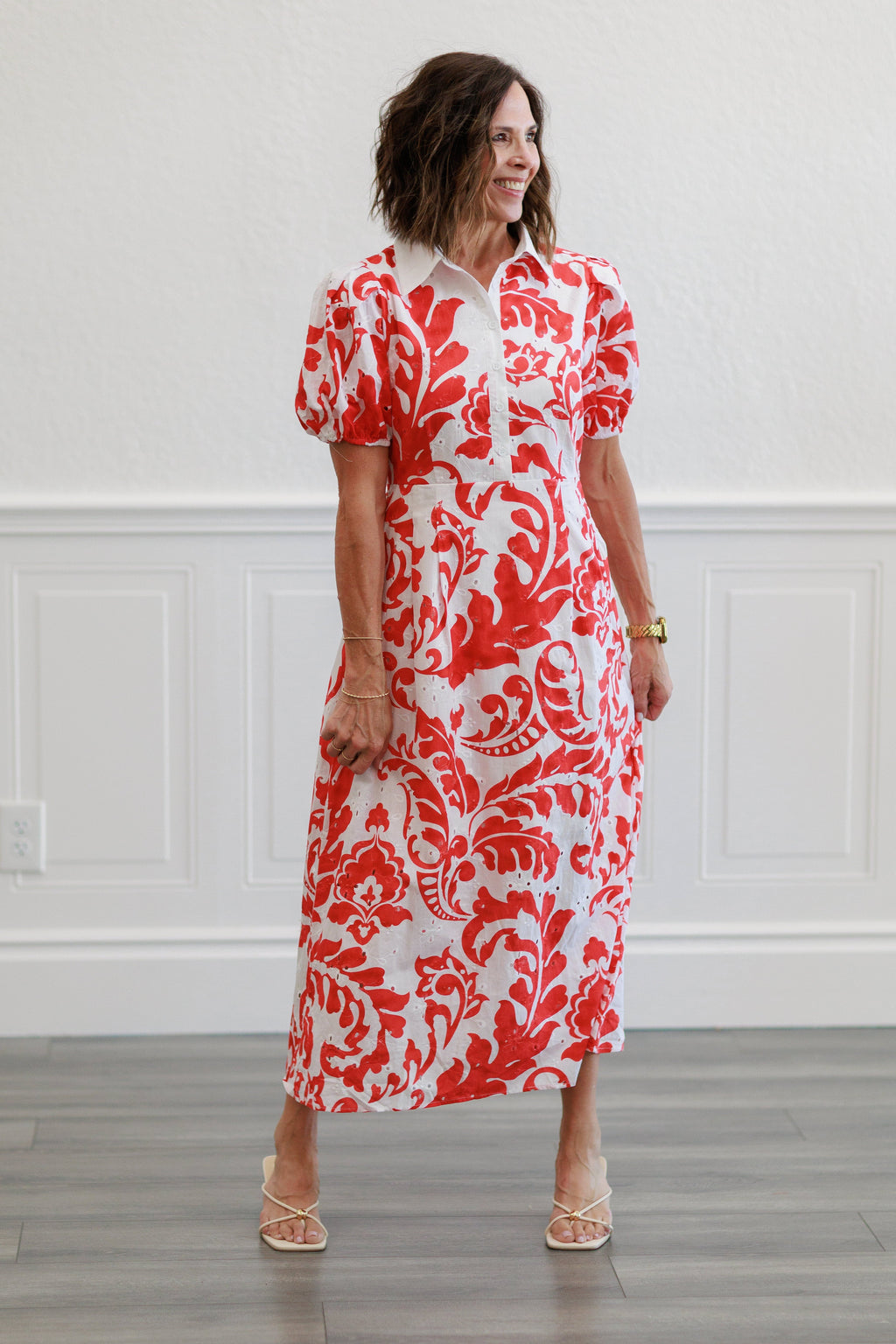 Printed Short Sleeve Puff Midi Dress