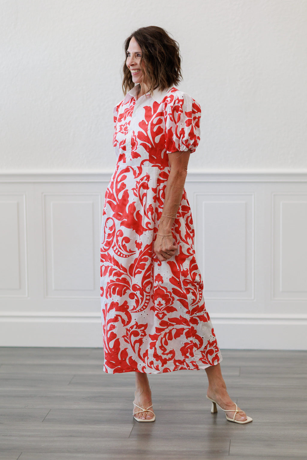 Printed Short Sleeve Puff Midi Dress