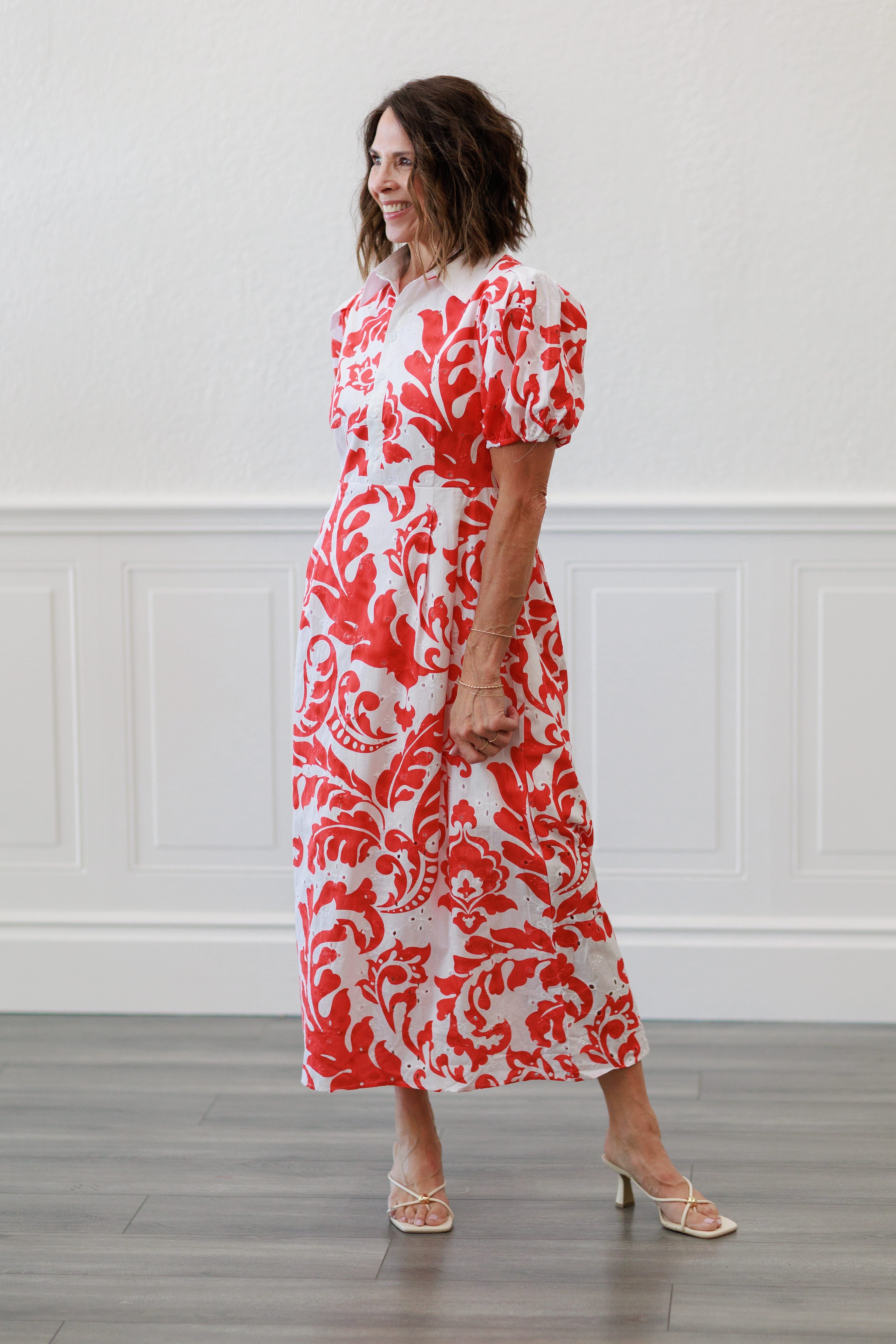 Printed Short Sleeve Puff Midi Dress