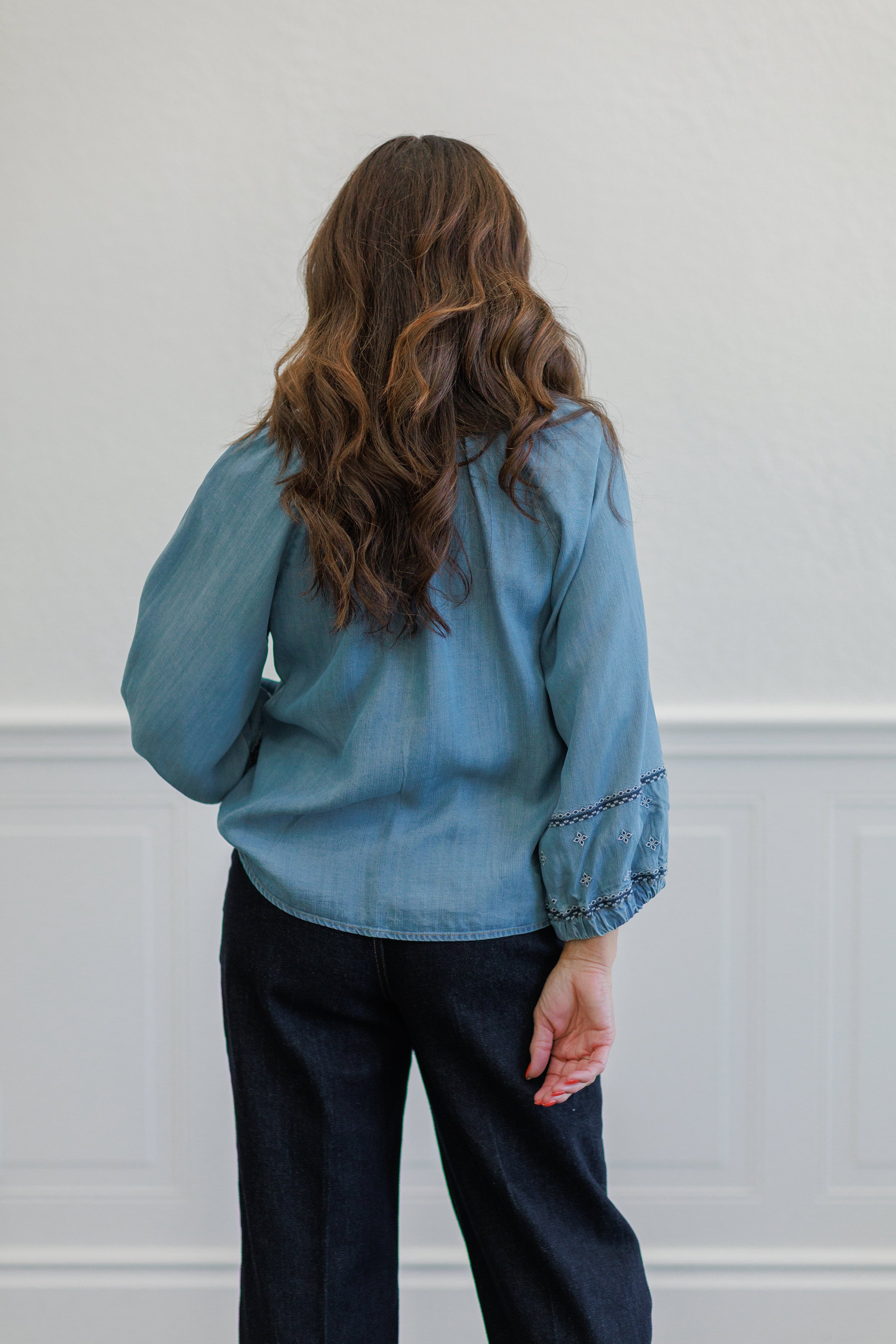 Vintage Blue Embroidered Boho Blouse