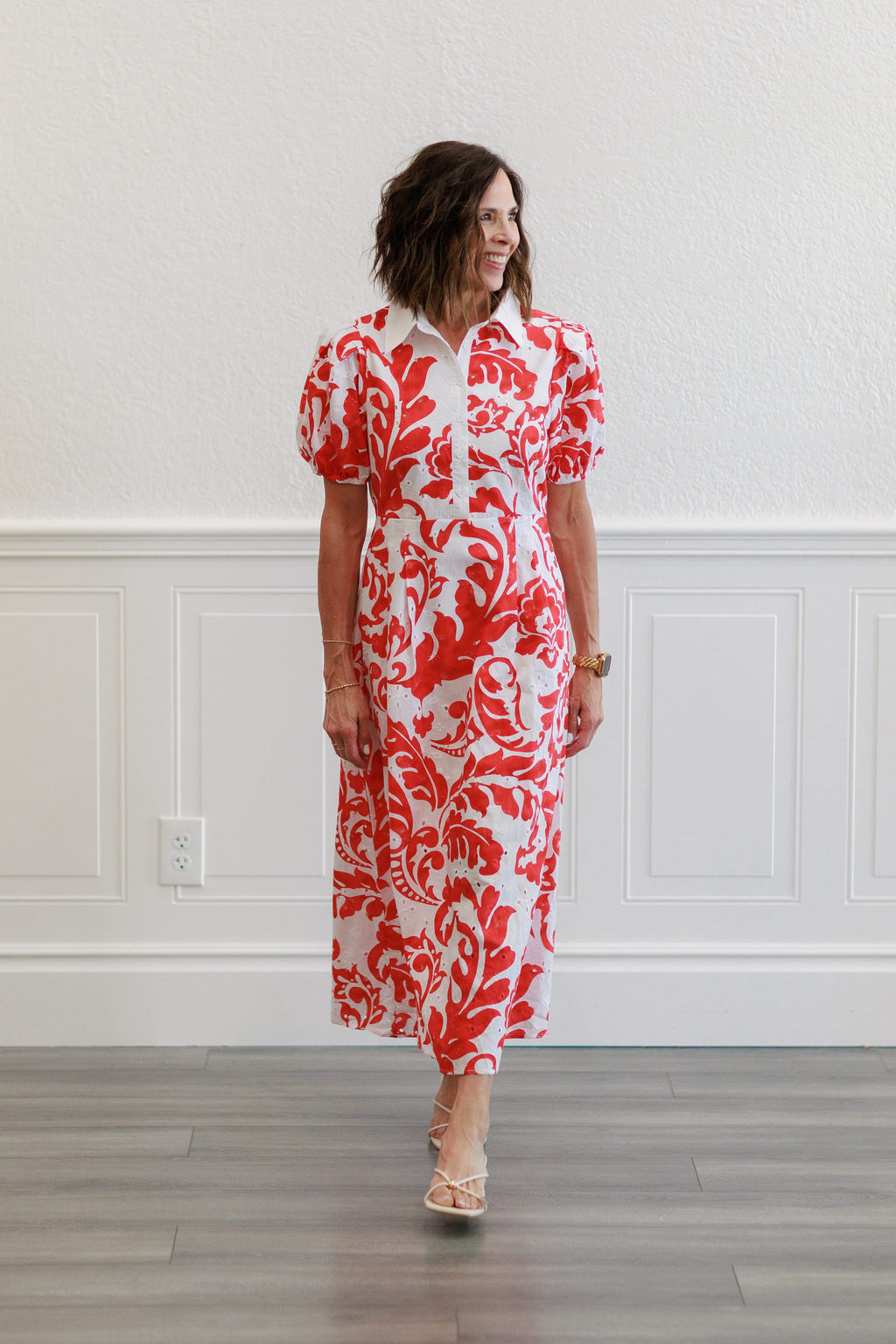 Printed Short Sleeve Puff Midi Dress