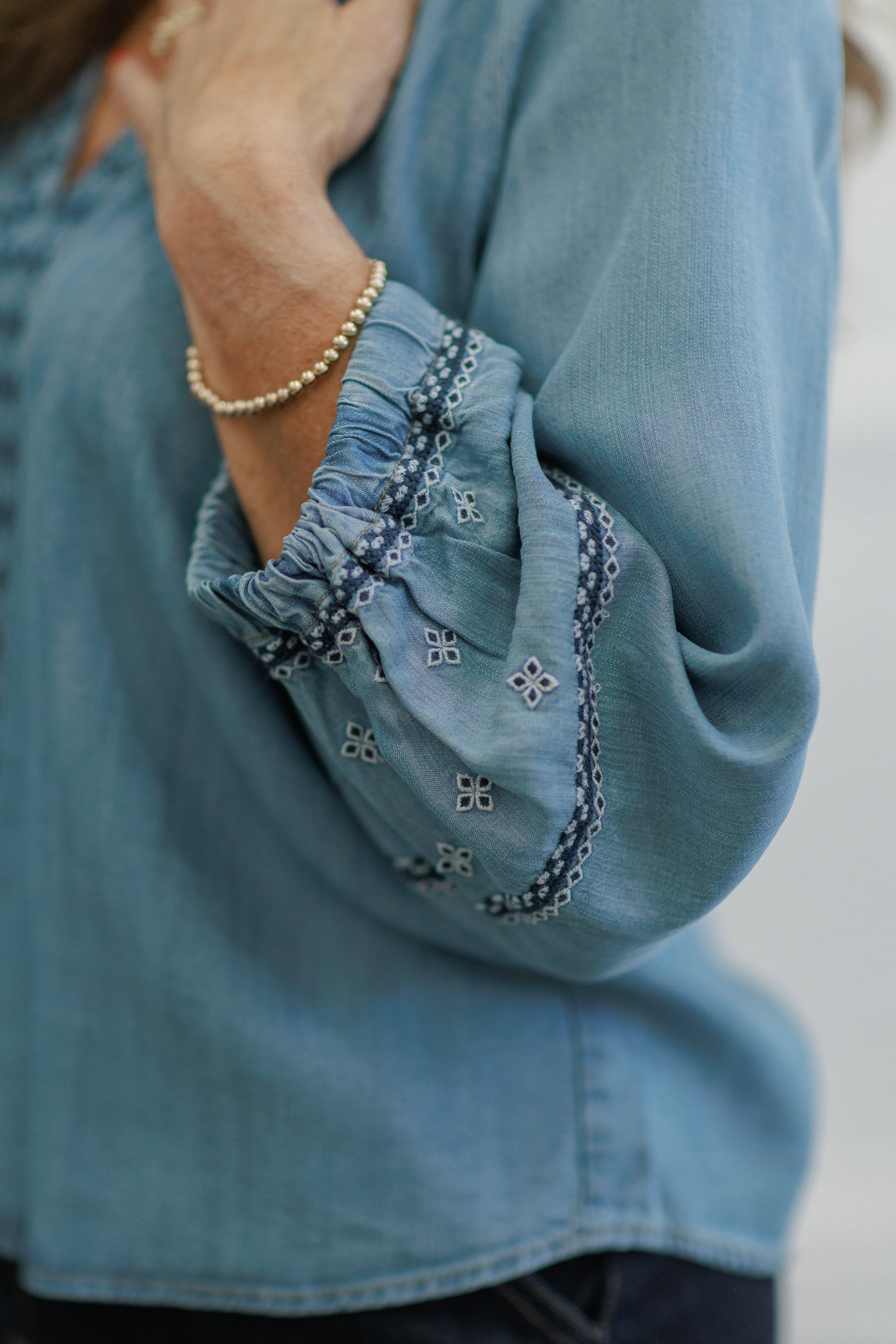 Vintage Blue Embroidered Boho Blouse